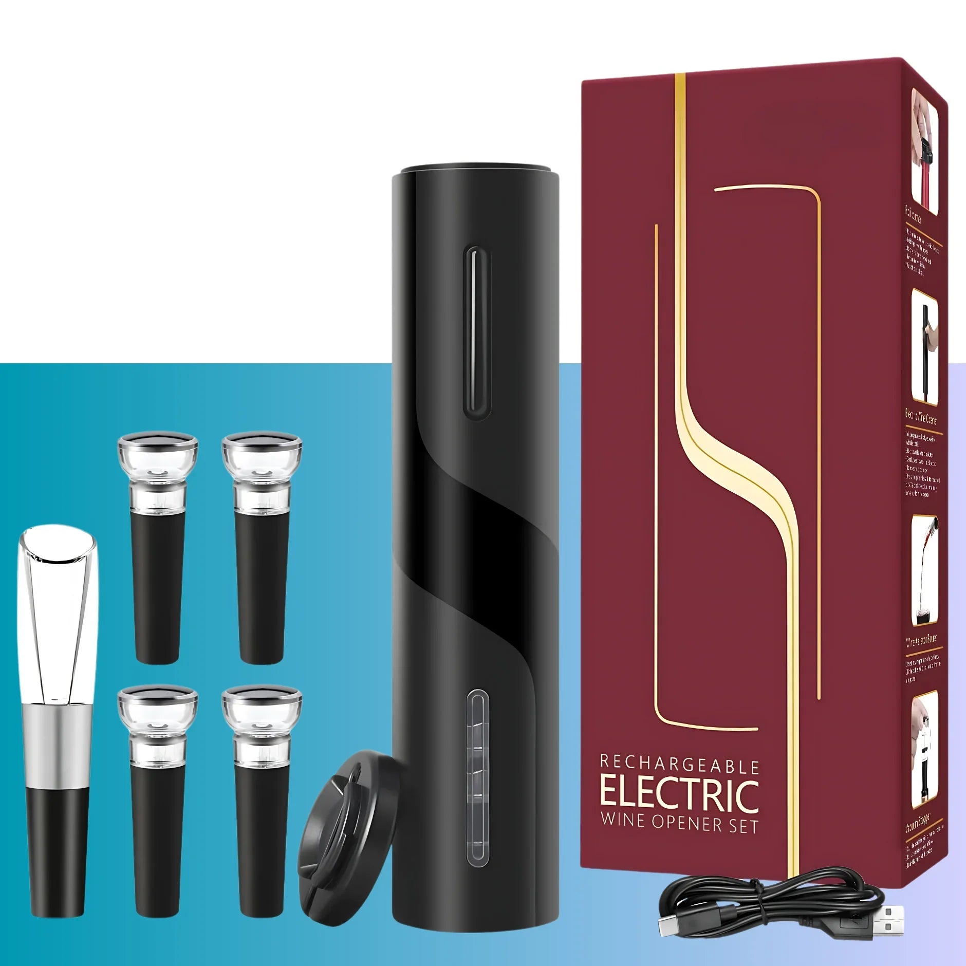 Automatic Electric Wine Bottle Opener Gift Set – Rechargeable, with Foil Cutter, Wine Pourer & Vacuum Stoppers - 4A's Global