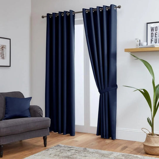 Navy Blue Thermal Blackout Eyelet Curtains – Ready Made Insulated Privacy & Noise Reducing Drapes - 4A's Global