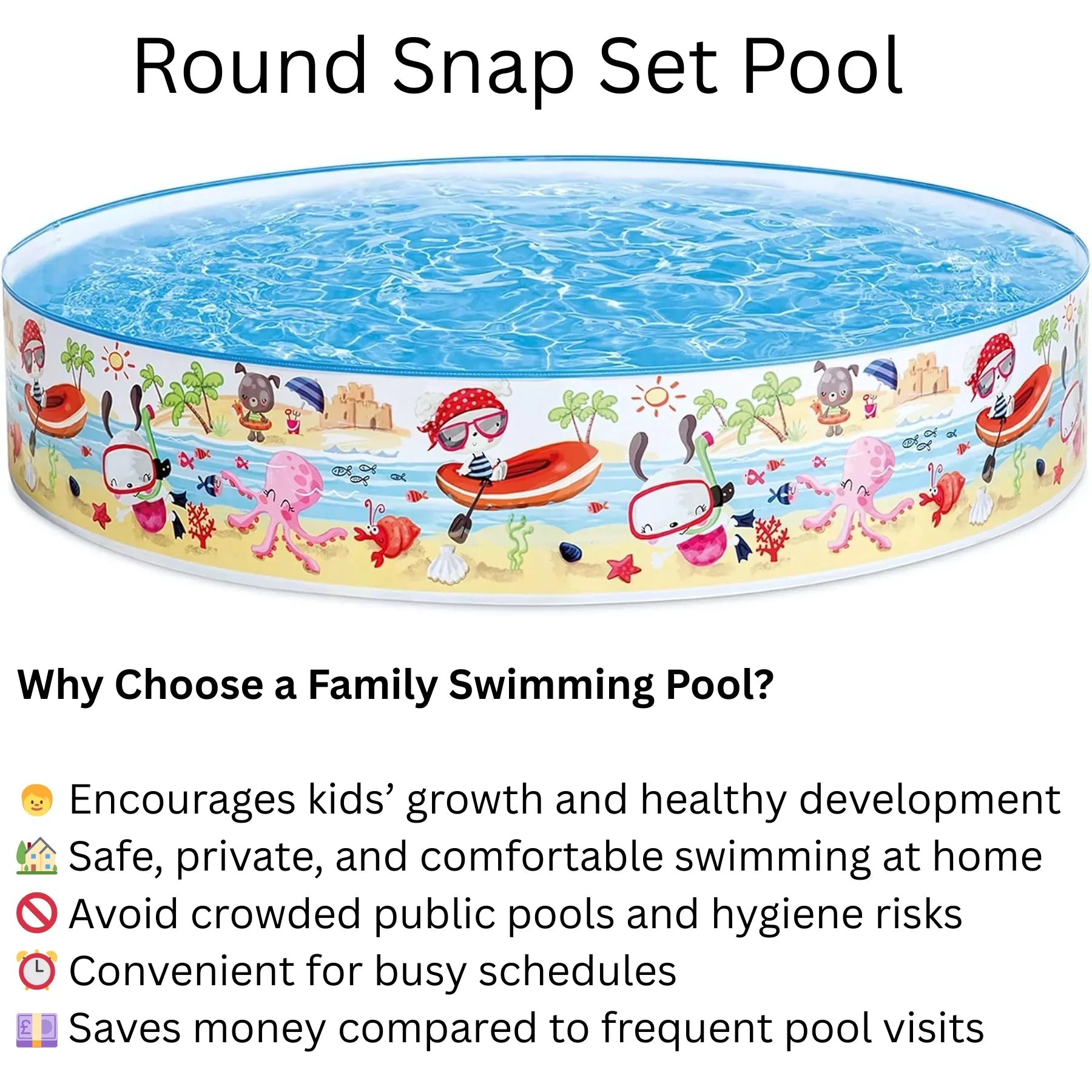 INTEX Inflatable Swimming Pool - Under The Palm Trees Round Snap Set Pool - Multi-Color Beach Theme Design, Bathtub Repair Patch Included - 4A's Global