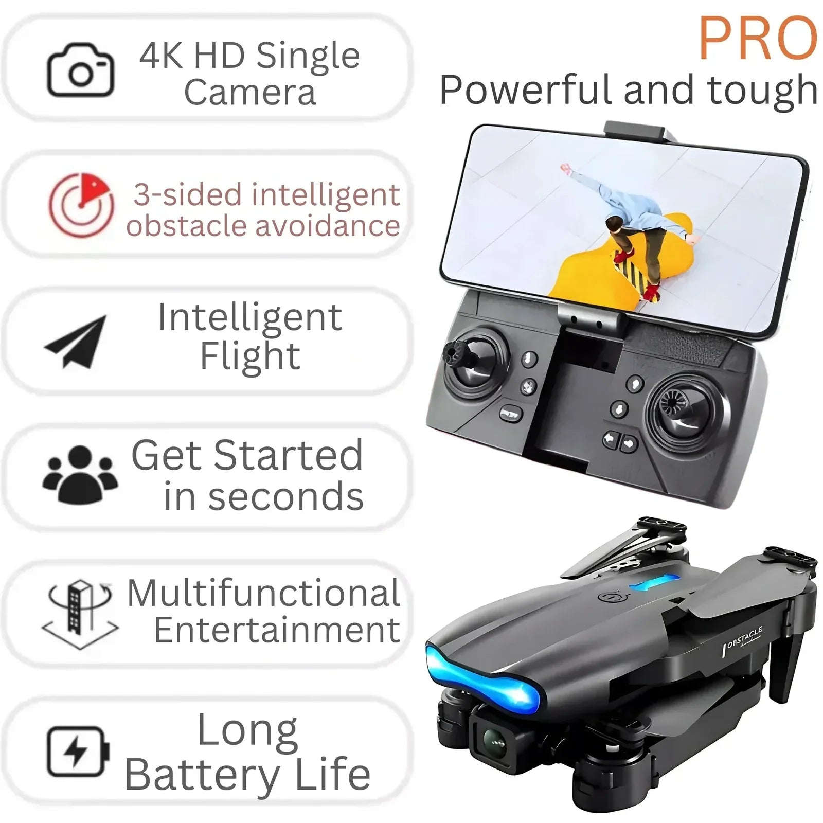 E99 Pro Drone 4K Camera – Foldable Mini RC Quadcopter Grey - 4A's Global