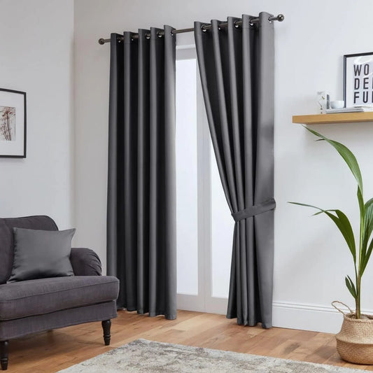 Charcoal Thermal Blackout Eyelet Curtains – Ready Made Insulated Privacy & Noise Reducing Drapes - 4A's Global