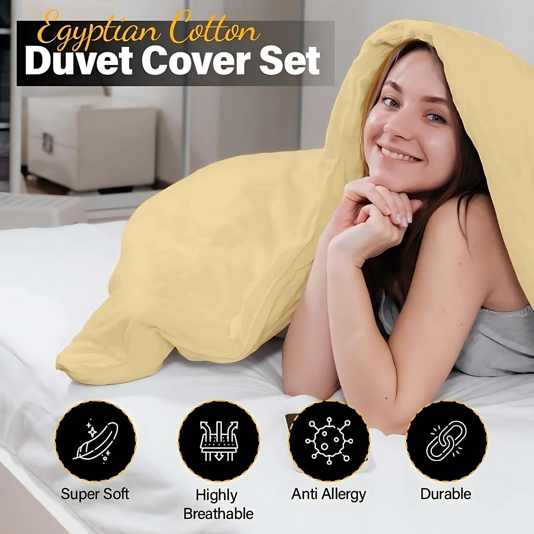 Double Duvet Cover - Premium King-Size Duvet Cover Set – Navy Percale, 3-Piece - Duvet with 2 Matching Pillowcases - Baby Yellow - 4A's Global