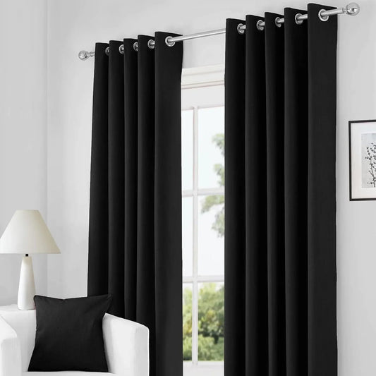 Black Thermal Blackout Eyelet Curtains – Ready Made Insulated Privacy & Noise Reducing Drapes - 4A's Global
