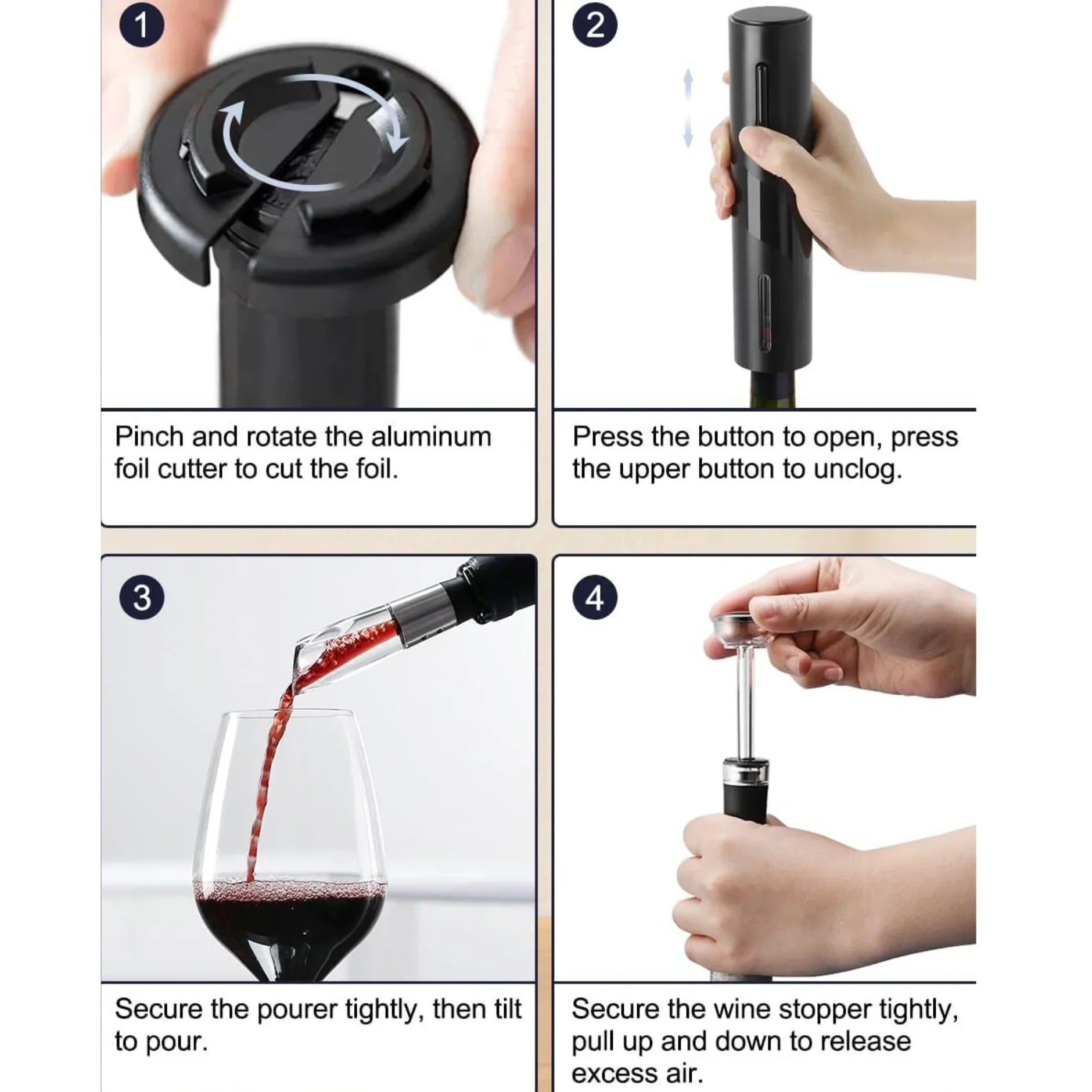 Automatic Electric Wine Bottle Opener Gift Set – Rechargeable, with Foil Cutter, Wine Pourer & Vacuum Stoppers - 4A's Global