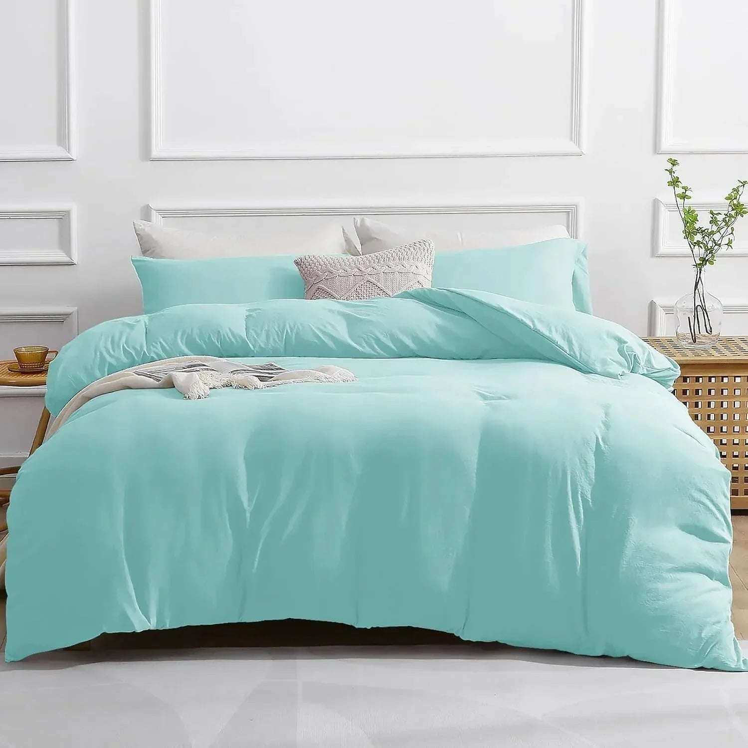 Premium King Size Percale Duvet Cover Set Plain Dyed 3 Piece Bedding Set with 2 Matching Pillowcases Soft Breathable Fabric Sea Green - 4A's Global