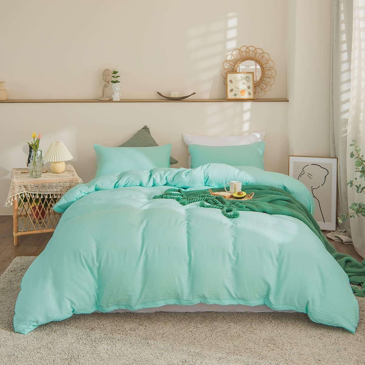 Premium King Size Percale Duvet Cover Set Plain Dyed 3 Piece Bedding Set with 2 Matching Pillowcases Soft Breathable Fabric Sea Green - 4A's Global