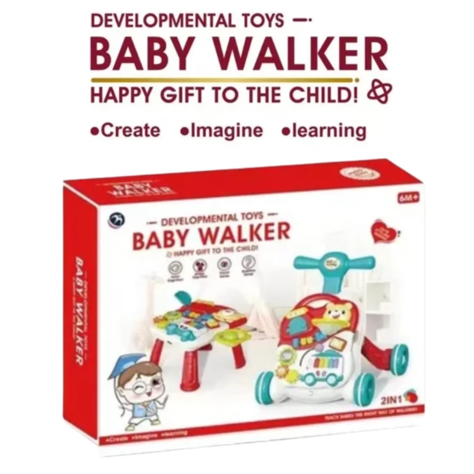 2-in-1 Baby Walker & Activity Table Baby Walker & Activity Center – Musical Push Toy with Basketball Hoop, Piano Keys & Building Blocks (12–36 Months) - 4A's Global