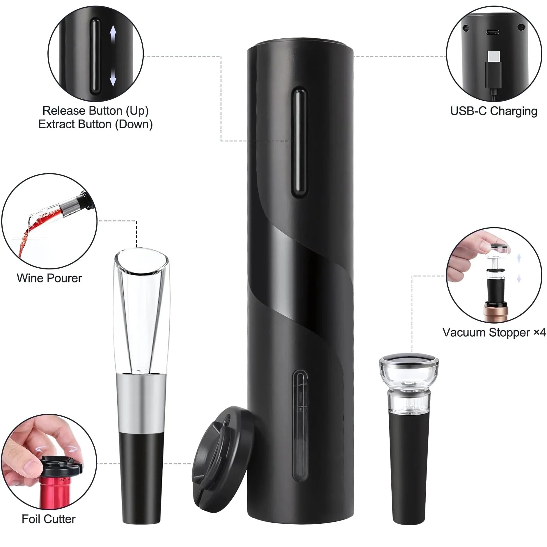 Automatic Electric Wine Bottle Opener Gift Set – Rechargeable, with Foil Cutter, Wine Pourer & Vacuum Stoppers - 4A's Global