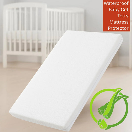 Terry Cot Waterproof Mattress Protector Soft Terry Towel Comfort Aloe Vera Treated for Toddlers Newborns Crib Cradle Cot Breathable Machine Wash Noiseless for Toddlers - 4A's Global