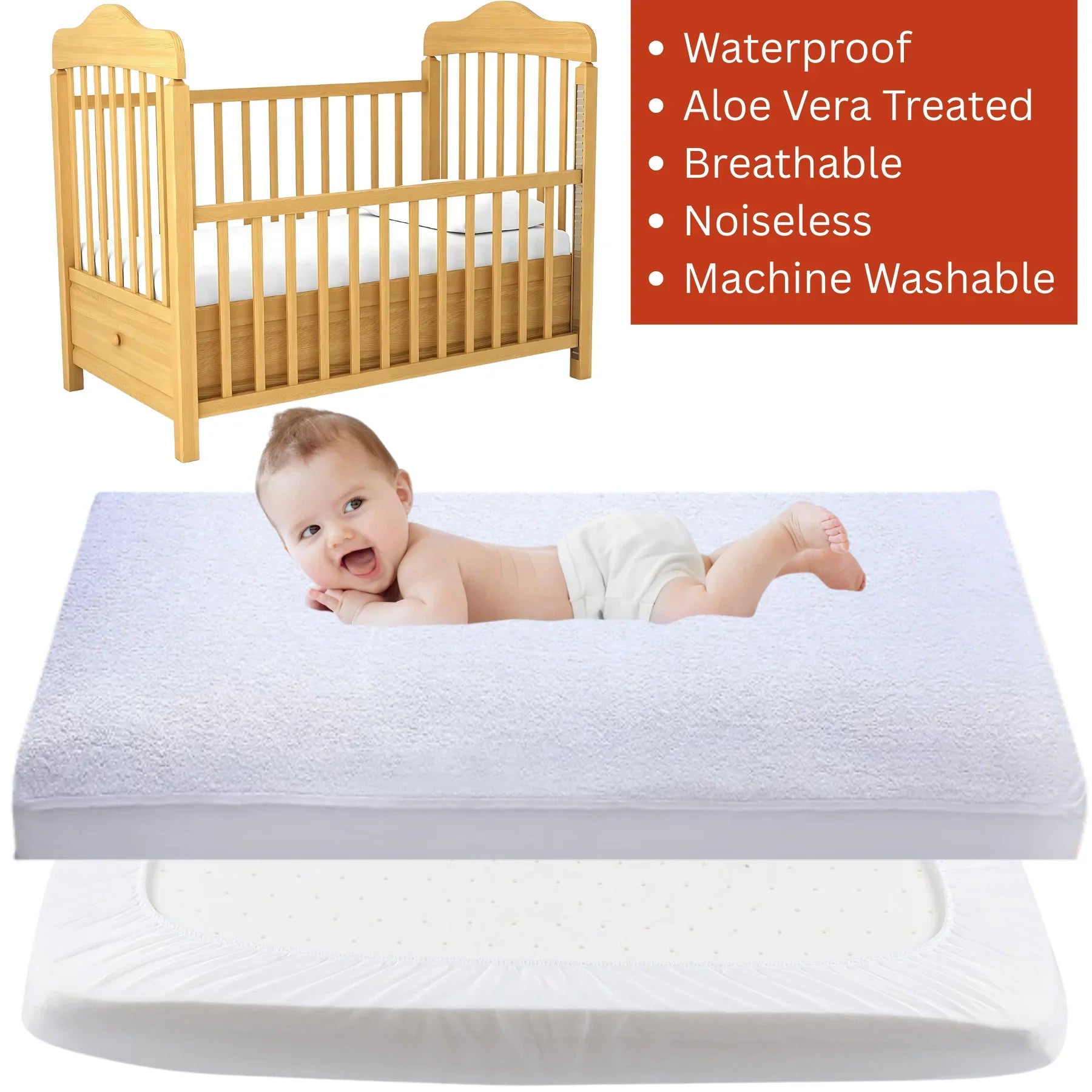 Terry Cot Waterproof Mattress Protector Soft Terry Towel Comfort Aloe Vera Treated for Toddlers Newborns Crib Cradle Cot Breathable Machine Wash Noiseless for Toddlers - 4A's Global
