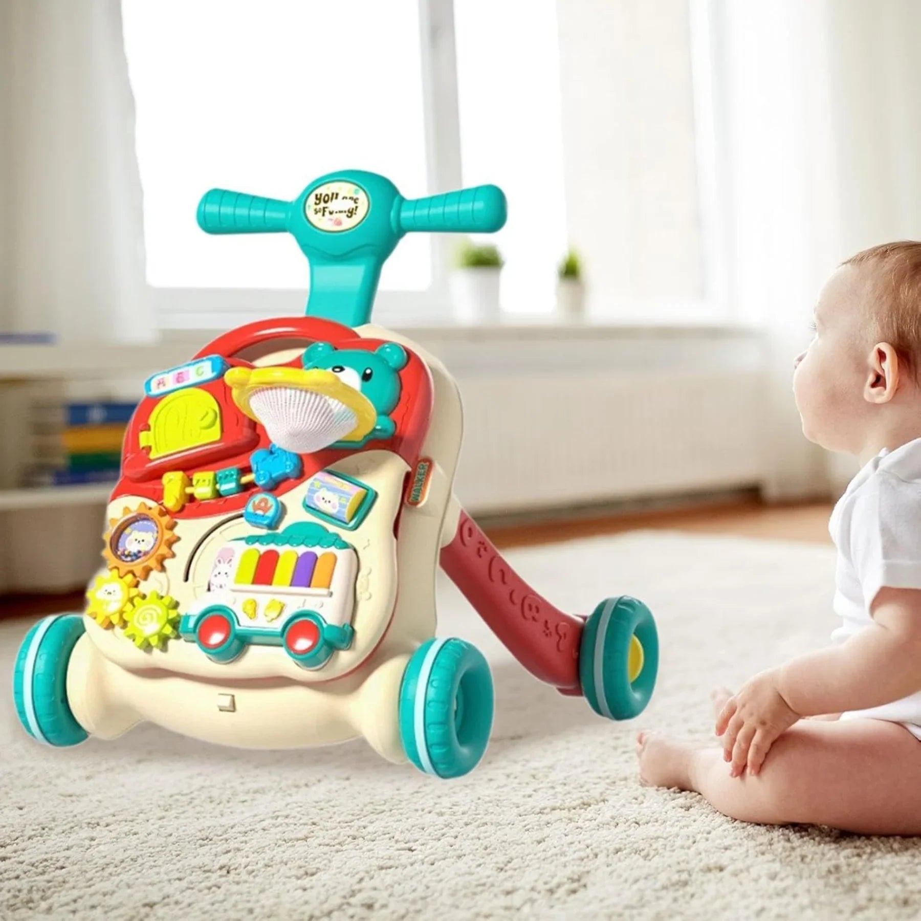 2-in-1 Baby Walker & Activity Table Baby Walker & Activity Center – Musical Push Toy with Basketball Hoop, Piano Keys & Building Blocks (12–36 Months) - 4A's Global