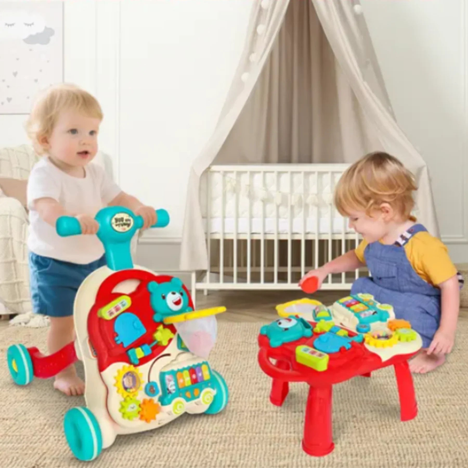 2-in-1 Baby Walker & Activity Table Baby Walker & Activity Center – Musical Push Toy with Basketball Hoop, Piano Keys & Building Blocks (12–36 Months) - 4A's Global