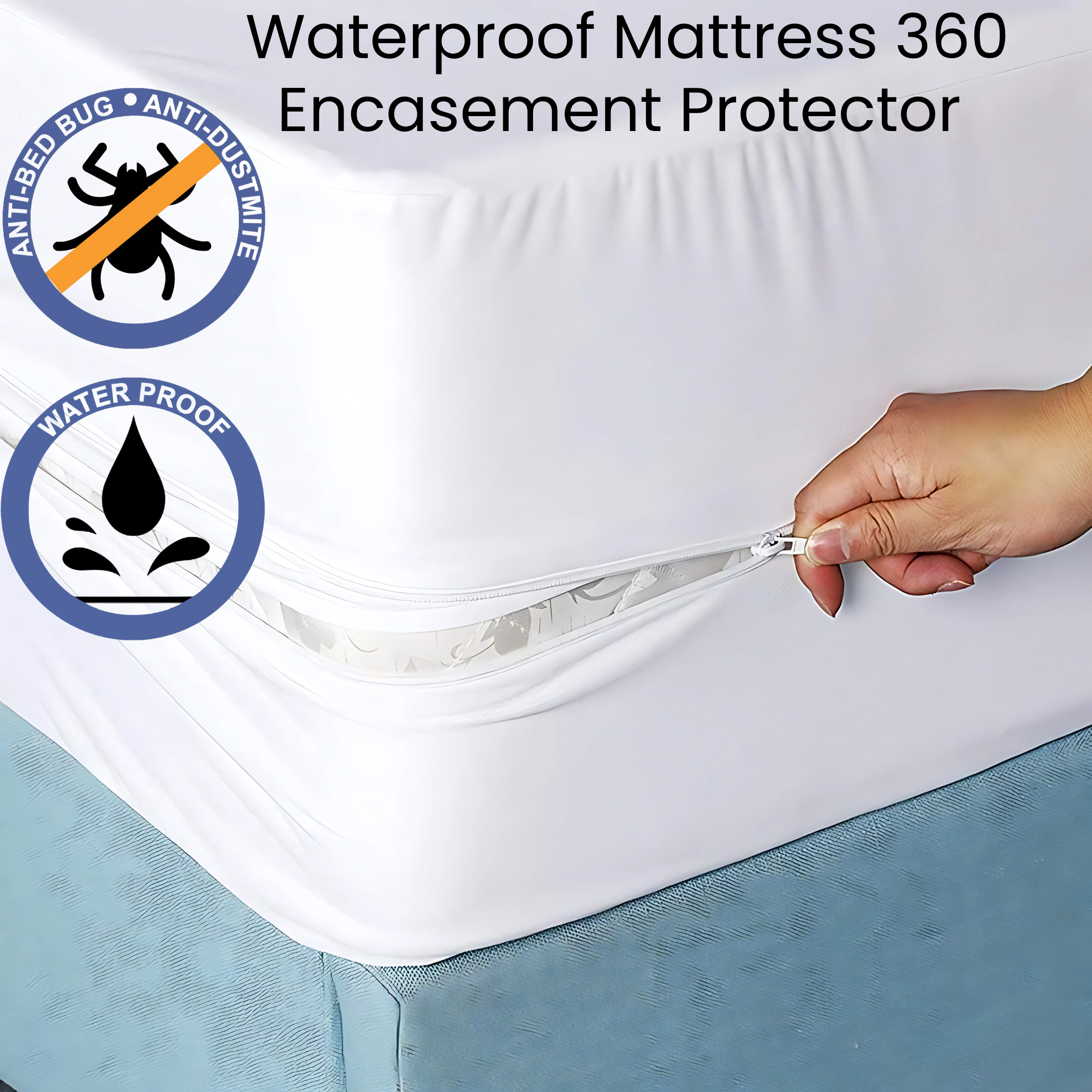 HH Fully Zippered Waterproof Mattress Protector Encasement – Bed Bug Proof, Anti-Allergy & Deep Fit (Copy) - 4A's Global