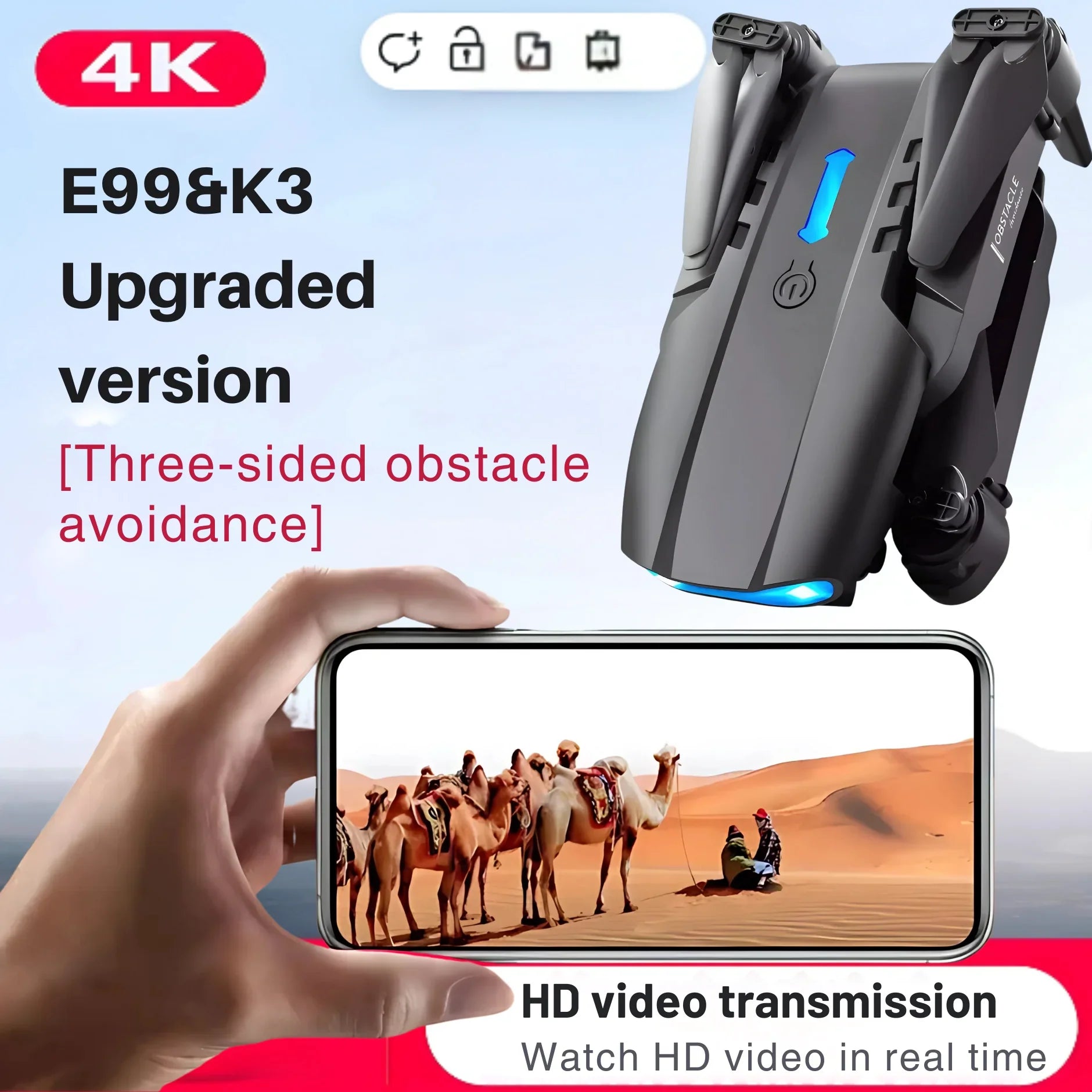 E99 Pro Drone with 4K Camera – Foldable Mini RC Quadcopter, WiFi FPV, Obstacle Avoidance, 360° Flips, Remote Control Drone for Beginners & Adults – Grey - 4A's Global