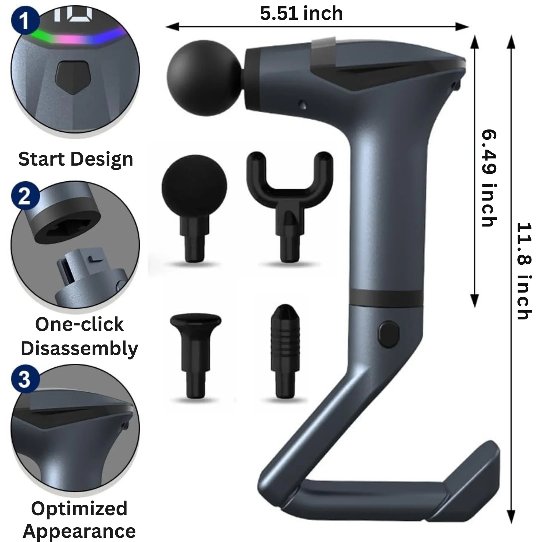 Detachable Handle Massage Gun | 15-Speed Percussion Massager with 4 Heads & Rechargeable Design for Neck, Back, Shoulders & Legs - 4A's Global
