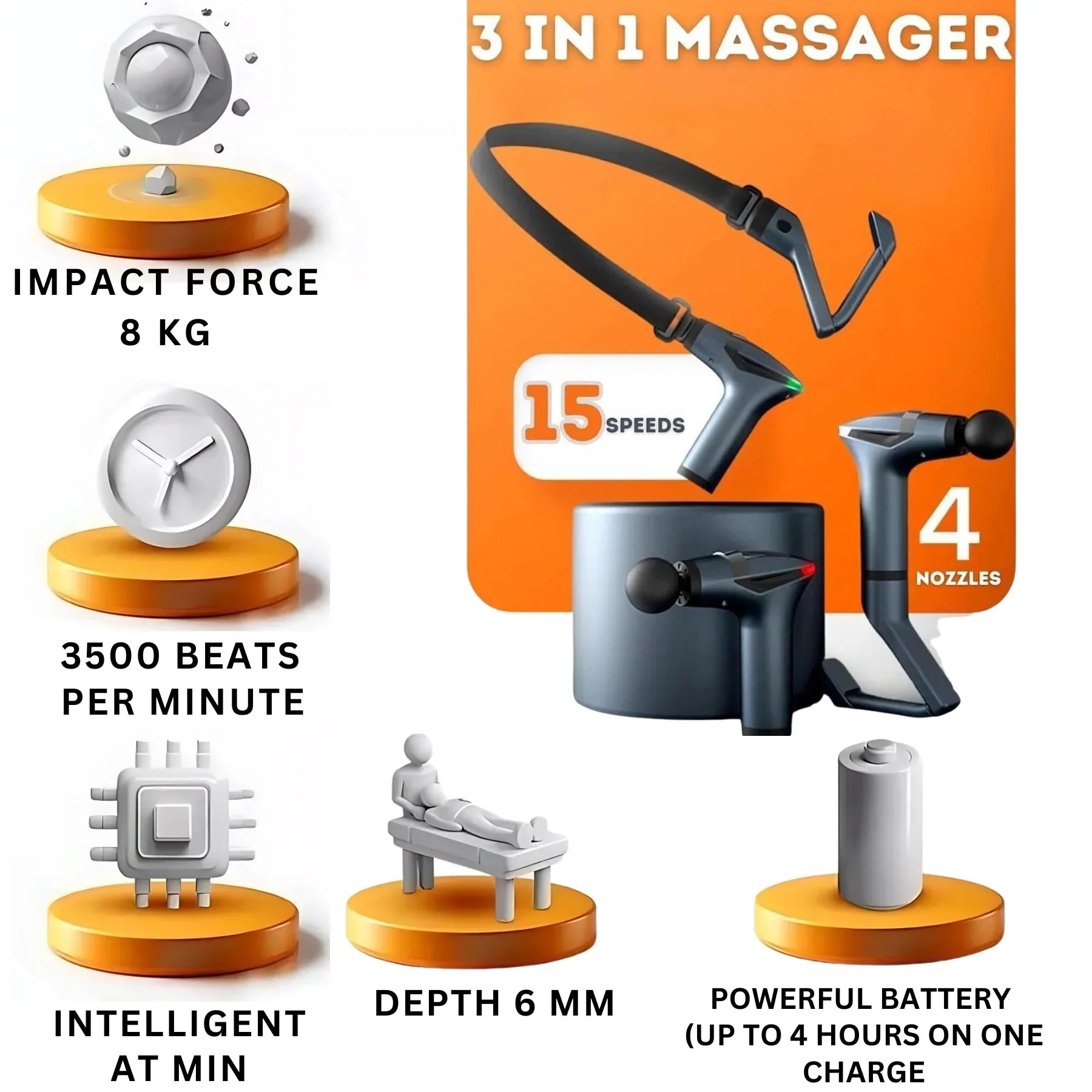 Detachable Handle Massage Gun | 15-Speed Percussion Massager with 4 Heads & Rechargeable Design for Neck, Back, Shoulders & Legs - 4A's Global