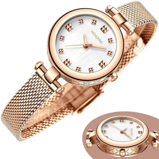 Elegant Ladies Luxury Wrist Watch – Rose Gold Stainless Steel Mesh Strap | Waterproof - 4A's Global