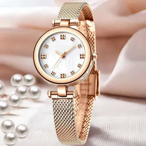 Elegant Ladies Luxury Wrist Watch – Rose Gold Stainless Steel Mesh Strap | Waterproof - 4A's Global