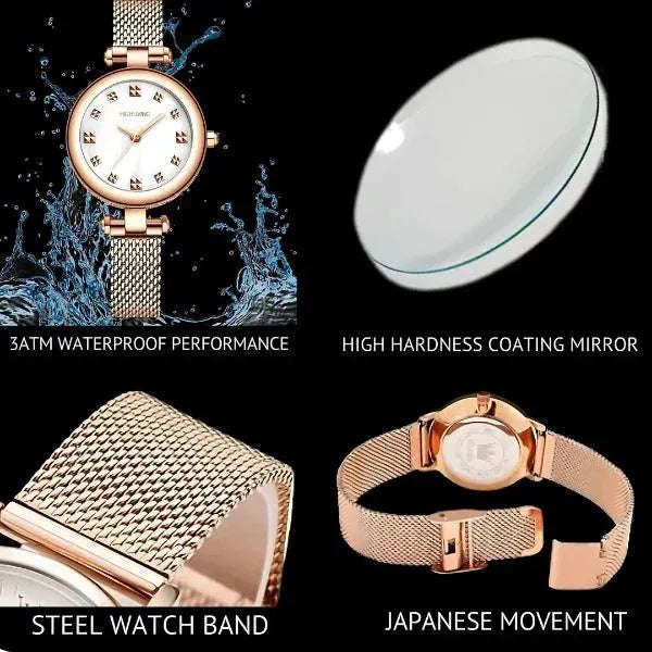 Elegant Ladies Luxury Wrist Watch – Rose Gold Stainless Steel Mesh Strap | Waterproof - 4A's Global