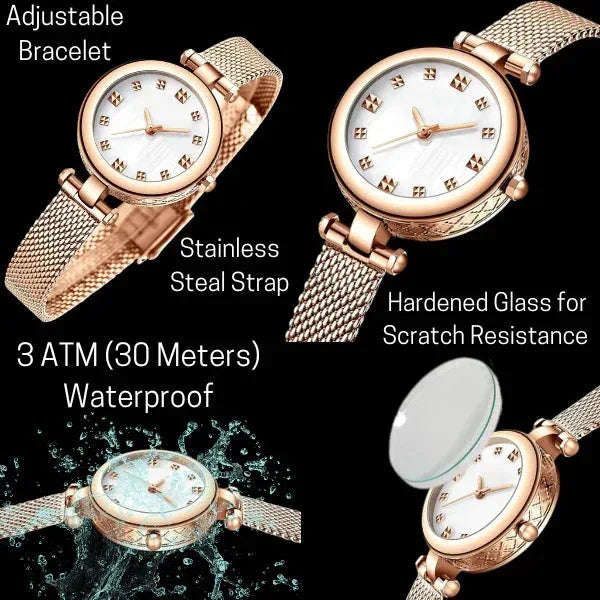 Elegant Ladies Luxury Wrist Watch – Rose Gold Stainless Steel Mesh Strap | Waterproof - 4A's Global