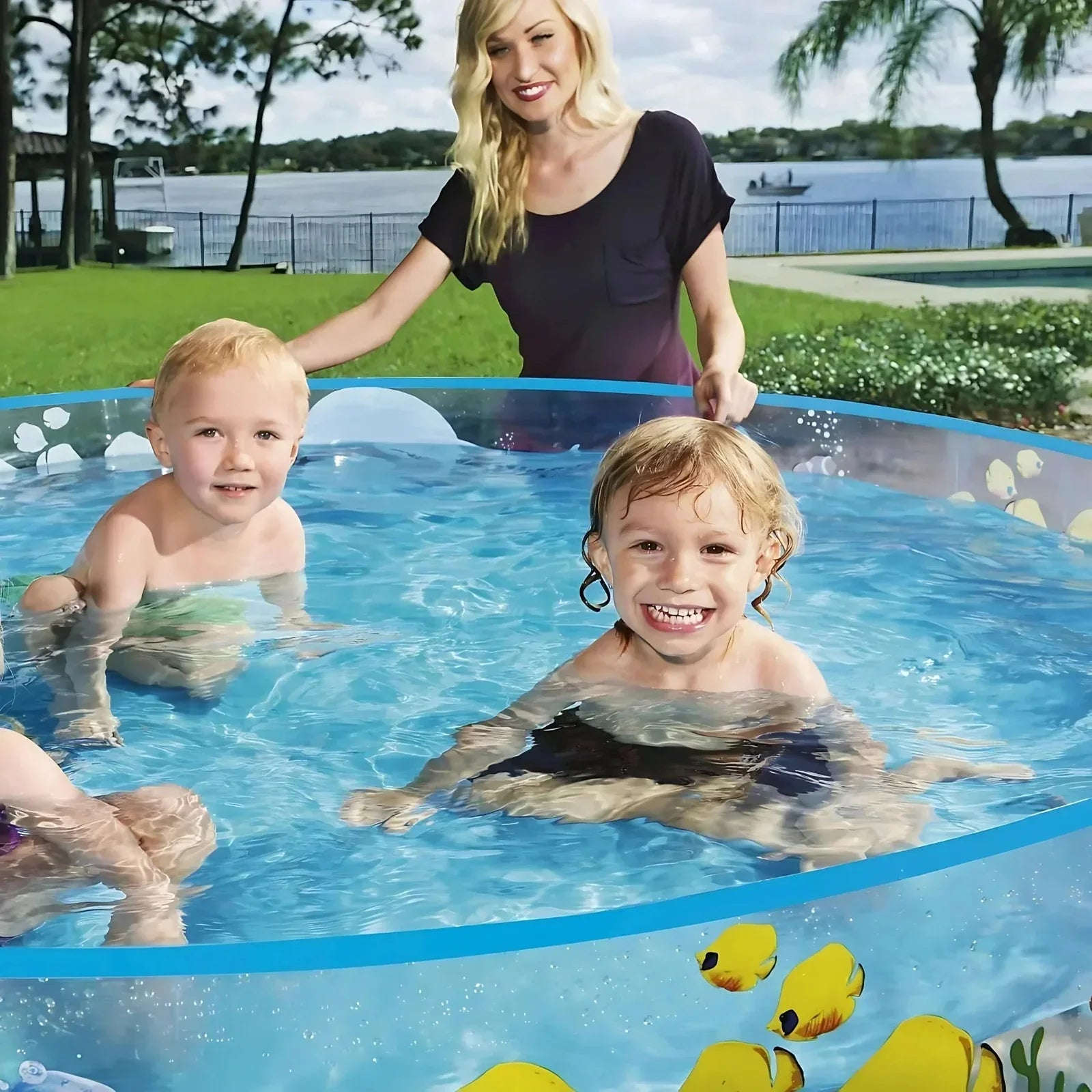 INTEX Inflatable Swimming Pool Under The Palm Trees Round Snap Set Pool Multi Color Beach Theme Design with Repair Patch Included - 4A's Global