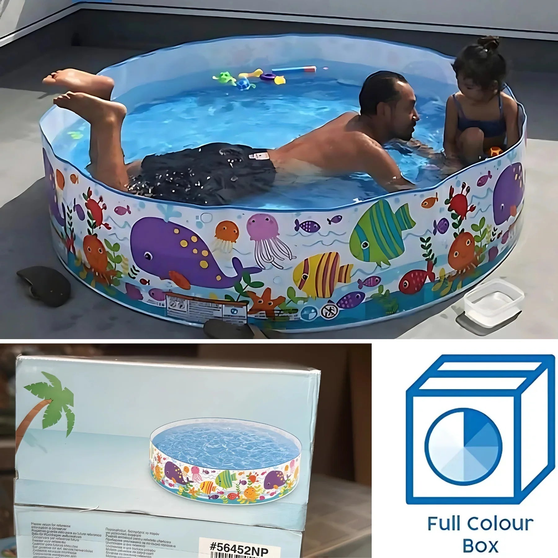 INTEX Inflatable Swimming Pool - Under The Palm Trees Round Snap Set Pool - Multi-Color Beach Theme Design, Bathtub Repair Patch Included - 4A's Global