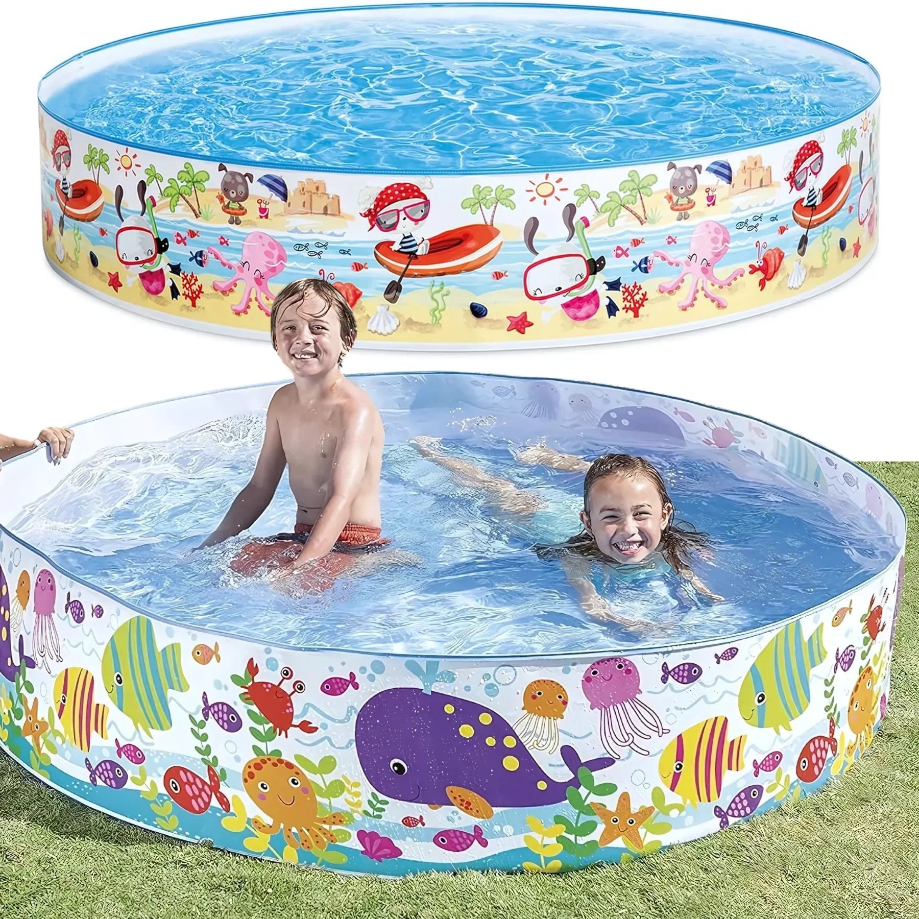 INTEX Inflatable Swimming Pool - Under The Palm Trees Round Snap Set Pool - Multi-Color Beach Theme Design, Bathtub Repair Patch Included - 4A's Global