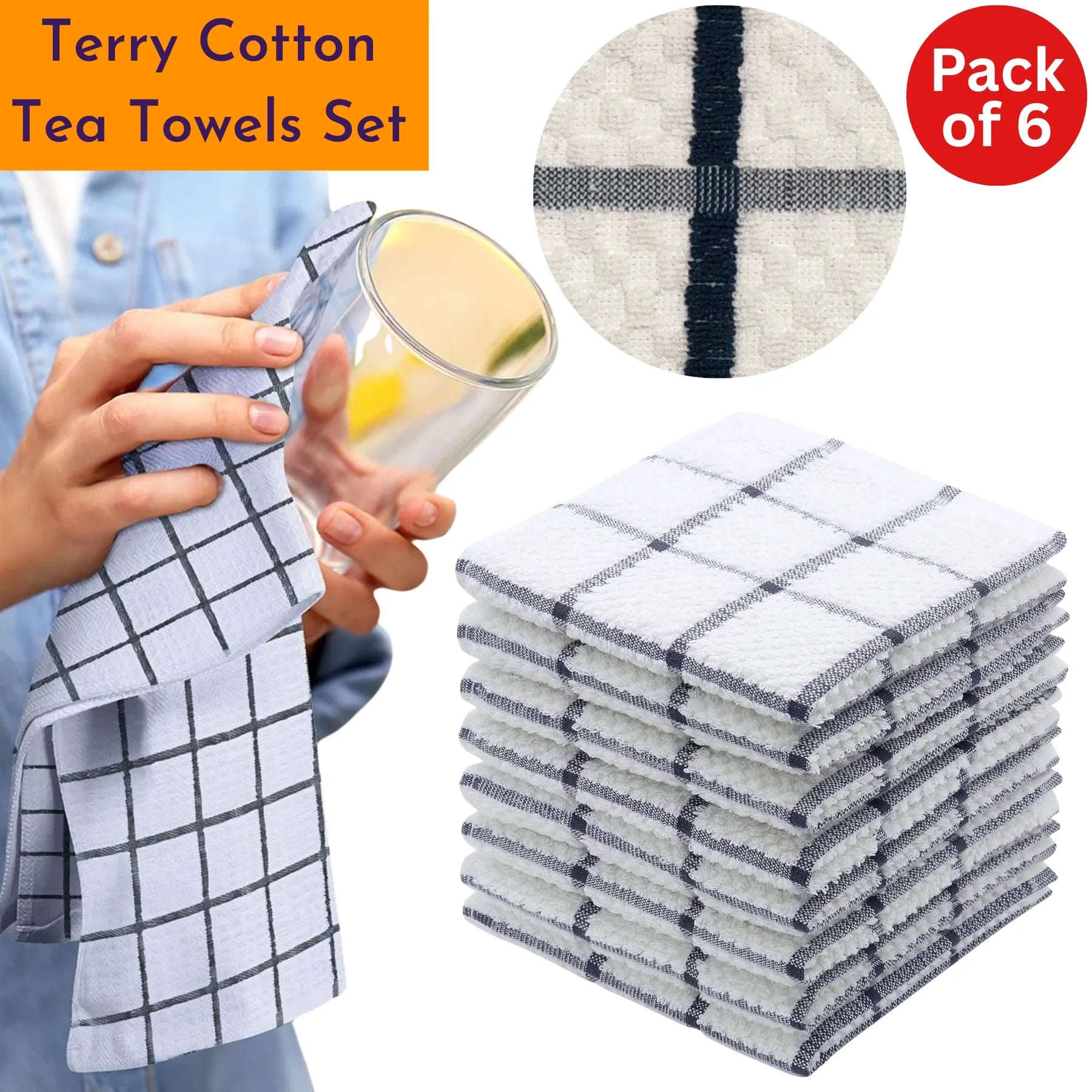 Terry Cotton Tea Towels Set | Super Absorbent Dish Cloths | Kitchen Cleaning & Drying Towels 75 x 52 cm - Pack of 6 - 4A's Global