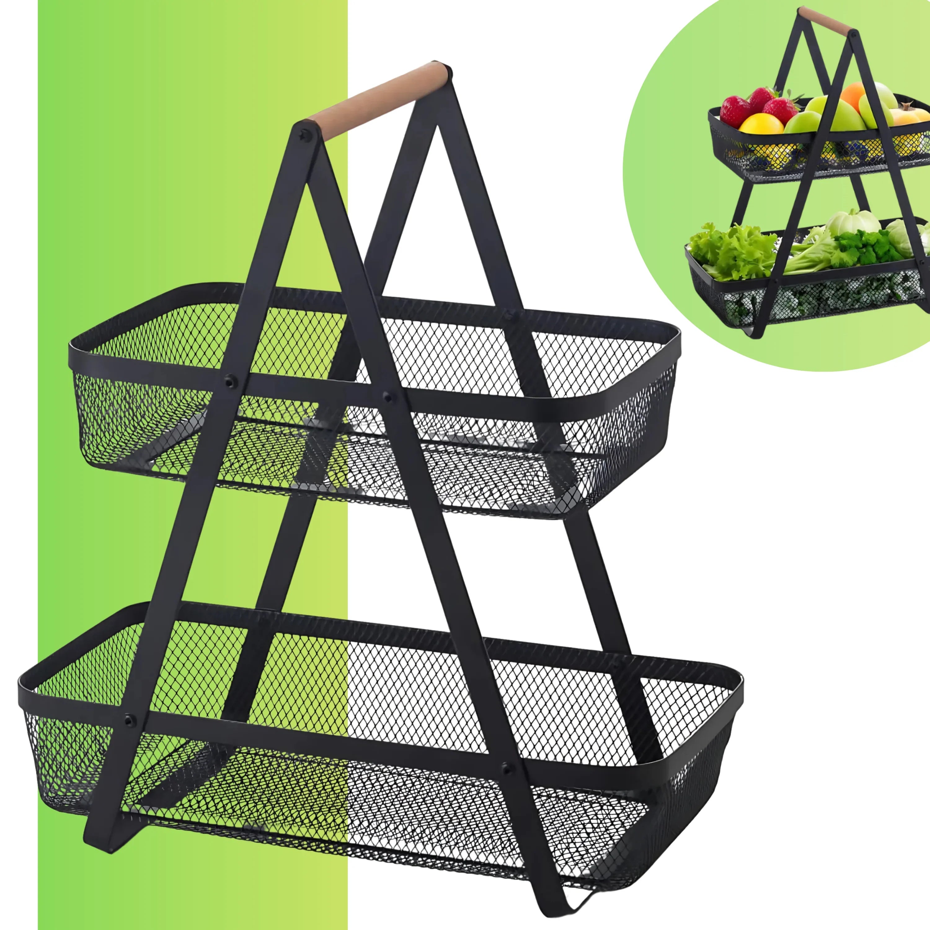 2-Tier Countertop Fruit , Bread & Vegetable Storage Basket – Black Wire Mesh - 4A's Global
