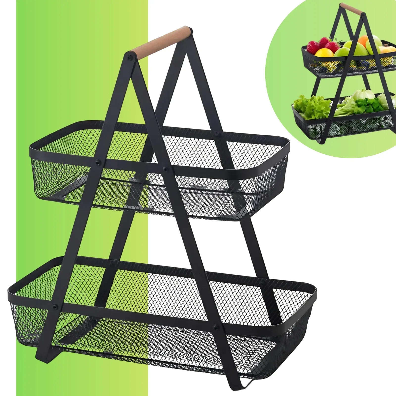 2-Tier Countertop Fruit, Bread & Vegetable Storage Basket – Sleek Black - 4A's Global