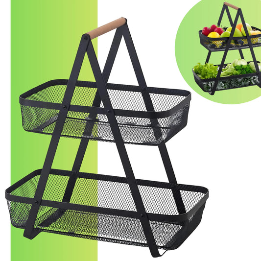 2-Tier Countertop Fruit , Bread &  Vegetable Storage Basket – Black Wire Mesh - 4A's Global