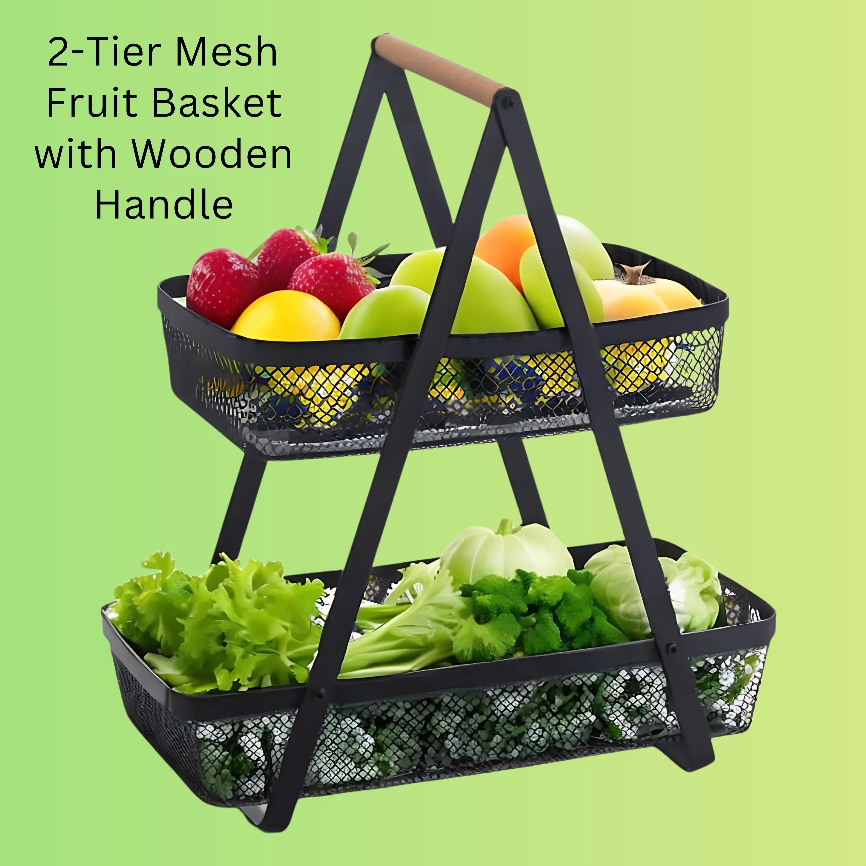 2-Tier Countertop Fruit , Bread & Vegetable Storage Basket – Black Wire Mesh - 4A's Global