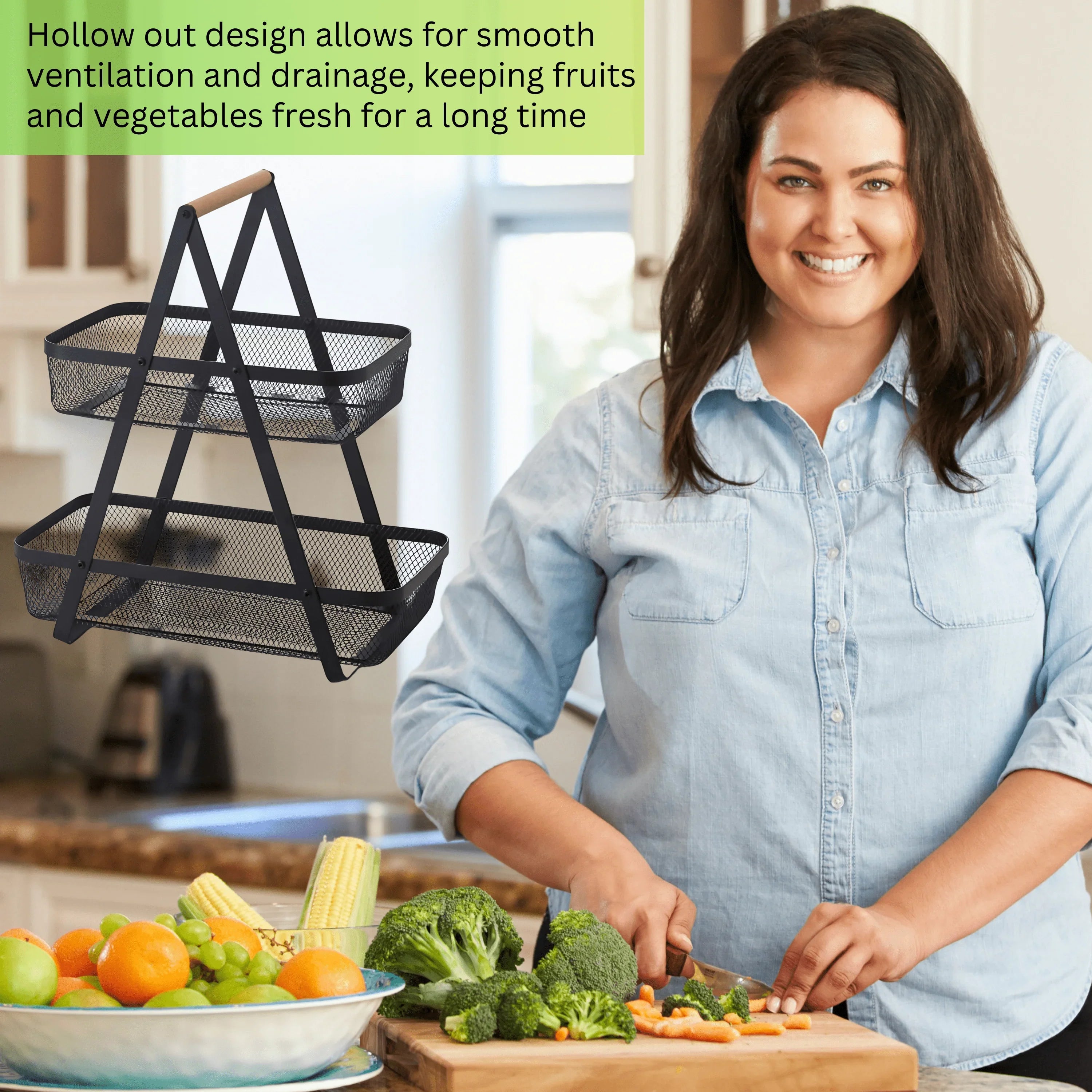 2-Tier Countertop Fruit , Bread & Vegetable Storage Basket – Black Wire Mesh - 4A's Global