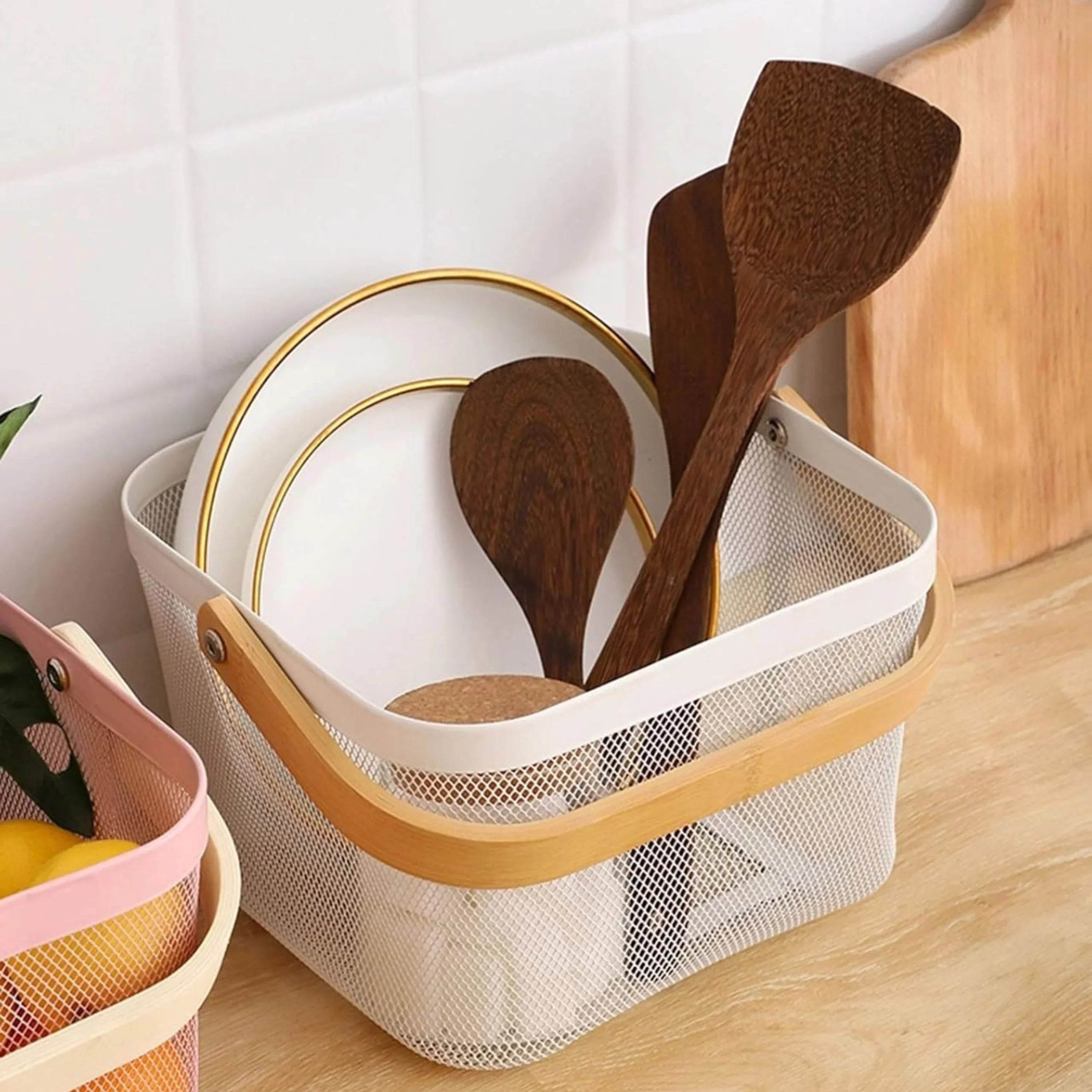 Fruit Basket with Wooden Handle – Metal Mesh Kitchen Storage Organiser, Multi-Functional Food Pantry & Home Decor Metal Tabletop Fruit Vegetable Baskets Elegant Creative Ornaments For Home Office Wedding Decor Dessert Serve H 17 x W 24cm(White & Gold) - 4A's Global