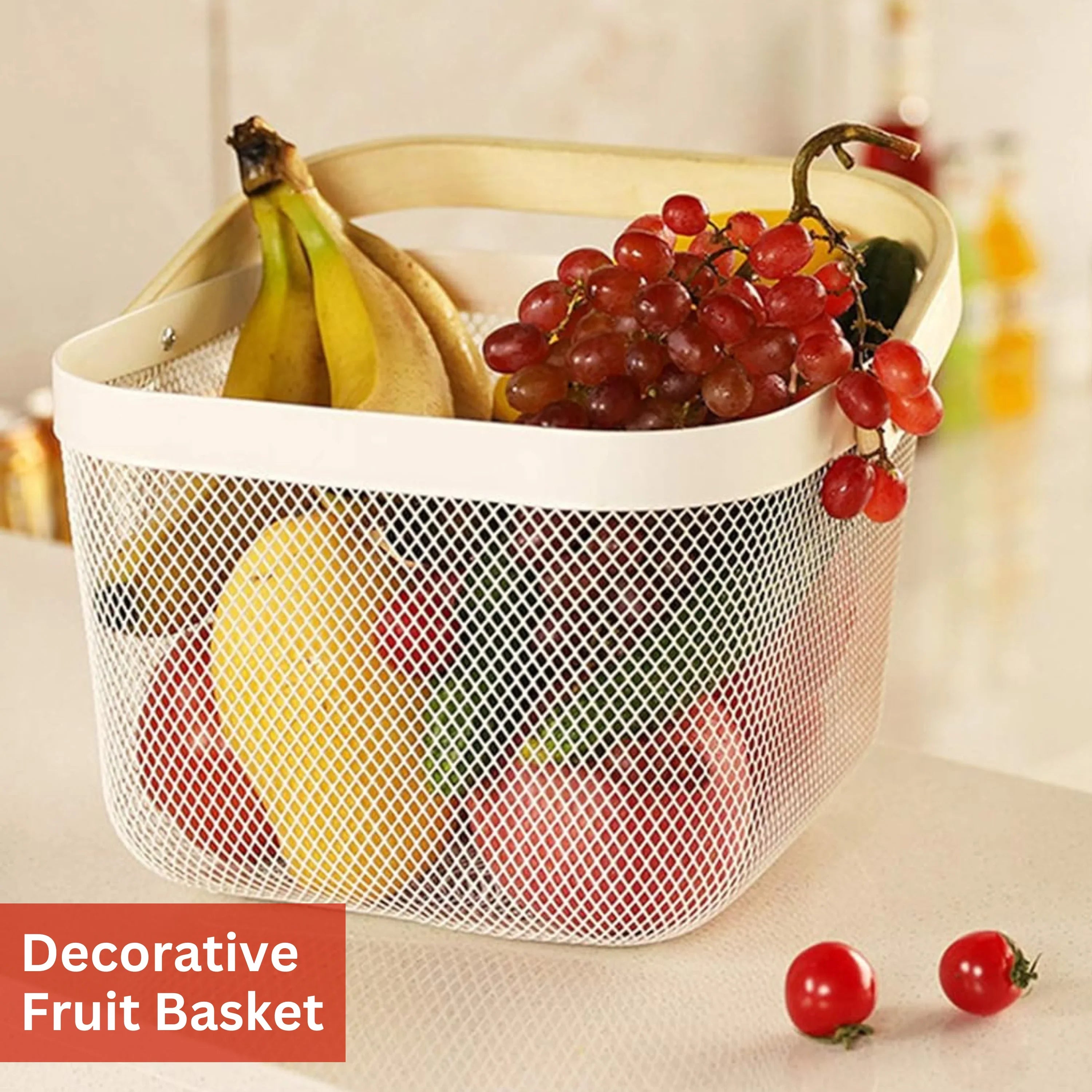 Fruit Basket with Wooden Handle – Metal Mesh Kitchen Storage Organiser, Multi-Functional Food Pantry & Home Decor Metal Tabletop Fruit Vegetable Baskets Elegant Creative Ornaments For Home Office Wedding Decor Dessert Serve H 17 x W 24cm(White & Gold) - 4A's Global