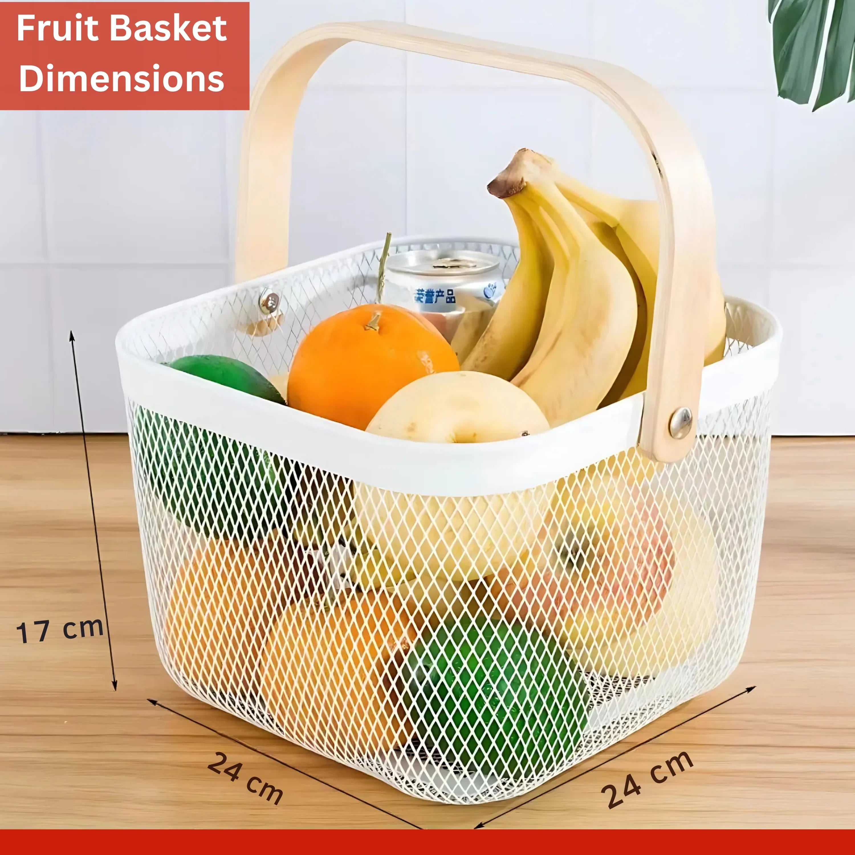 Fruit Basket with Wooden Handle – Metal Mesh Kitchen Storage Organiser, Multi-Functional Food Pantry & Home Decor Metal Tabletop Fruit Vegetable Baskets Elegant Creative Ornaments For Home Office Wedding Decor Dessert Serve H 17 x W 24cm(White & Gold) - 4A's Global