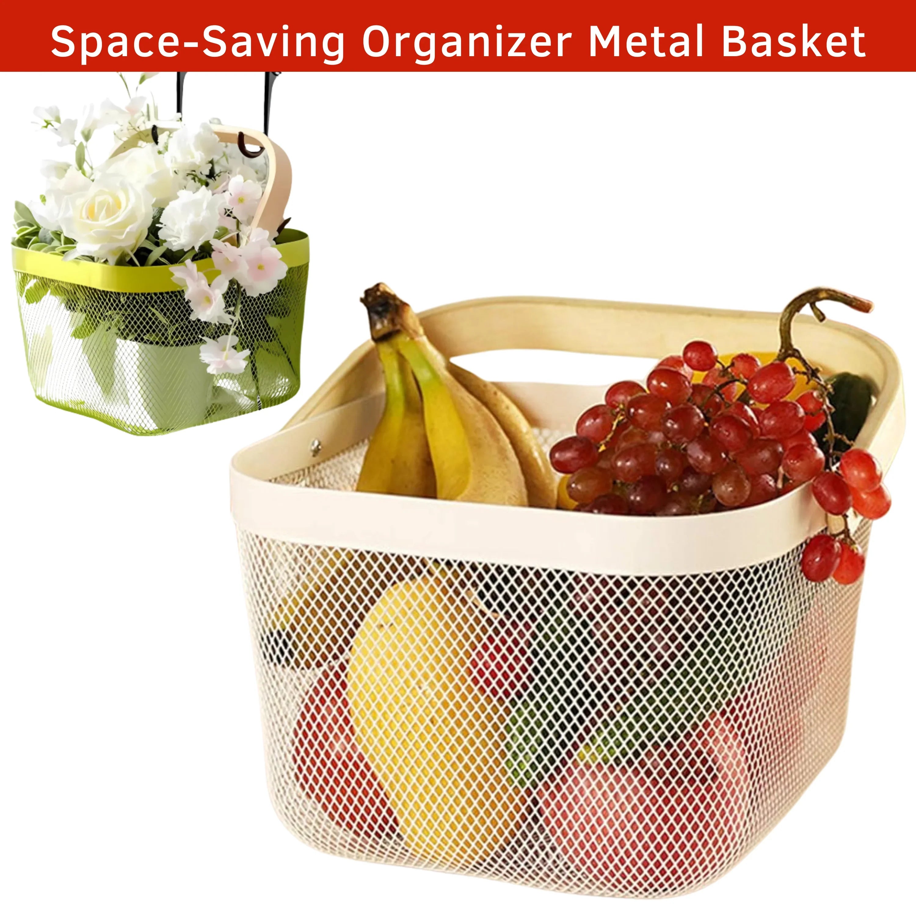Fruit Basket with Wooden Handle – Metal Mesh Kitchen Storage Organiser, Multi-Functional Food Pantry & Home Decor Metal Tabletop Fruit Vegetable Baskets Elegant Creative Ornaments For Home Office Wedding Decor Dessert Serve H 17 x W 24cm(White & Gold) - 4A's Global
