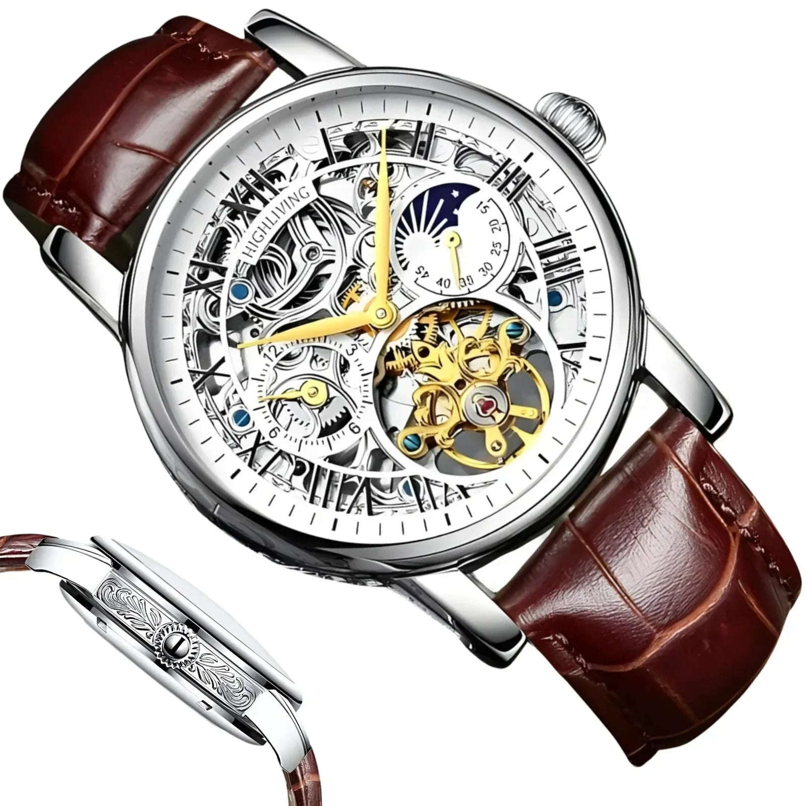 Men’s Automatic Skeleton Executive Wrest Watch | Leather Strap Mechanical Timepiece - 4A's Global