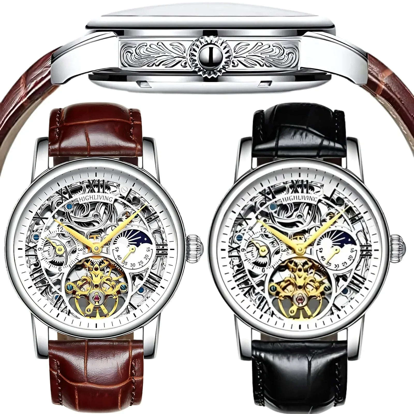 Men’s Automatic Skeleton Executive Wrest Watch | Leather Strap Mechanical Timepiece - 4A's Global