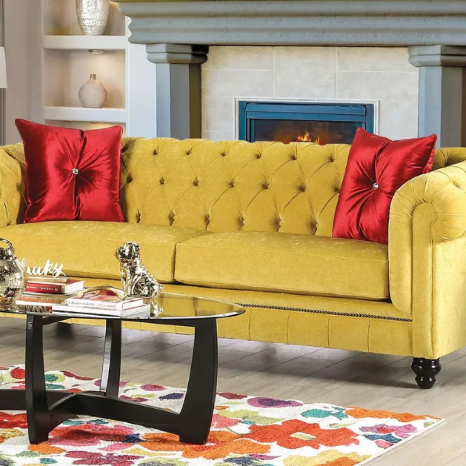 Luxury Panache Havana Square Filled Cushion with Diamante Button 17 inch (RED) Viral Teddy Hugs Diamante Cushion – Plush Comfort with a Glam Finish - 43 cm x 43 cm / 17 inch x 17 inch - 4A's Global