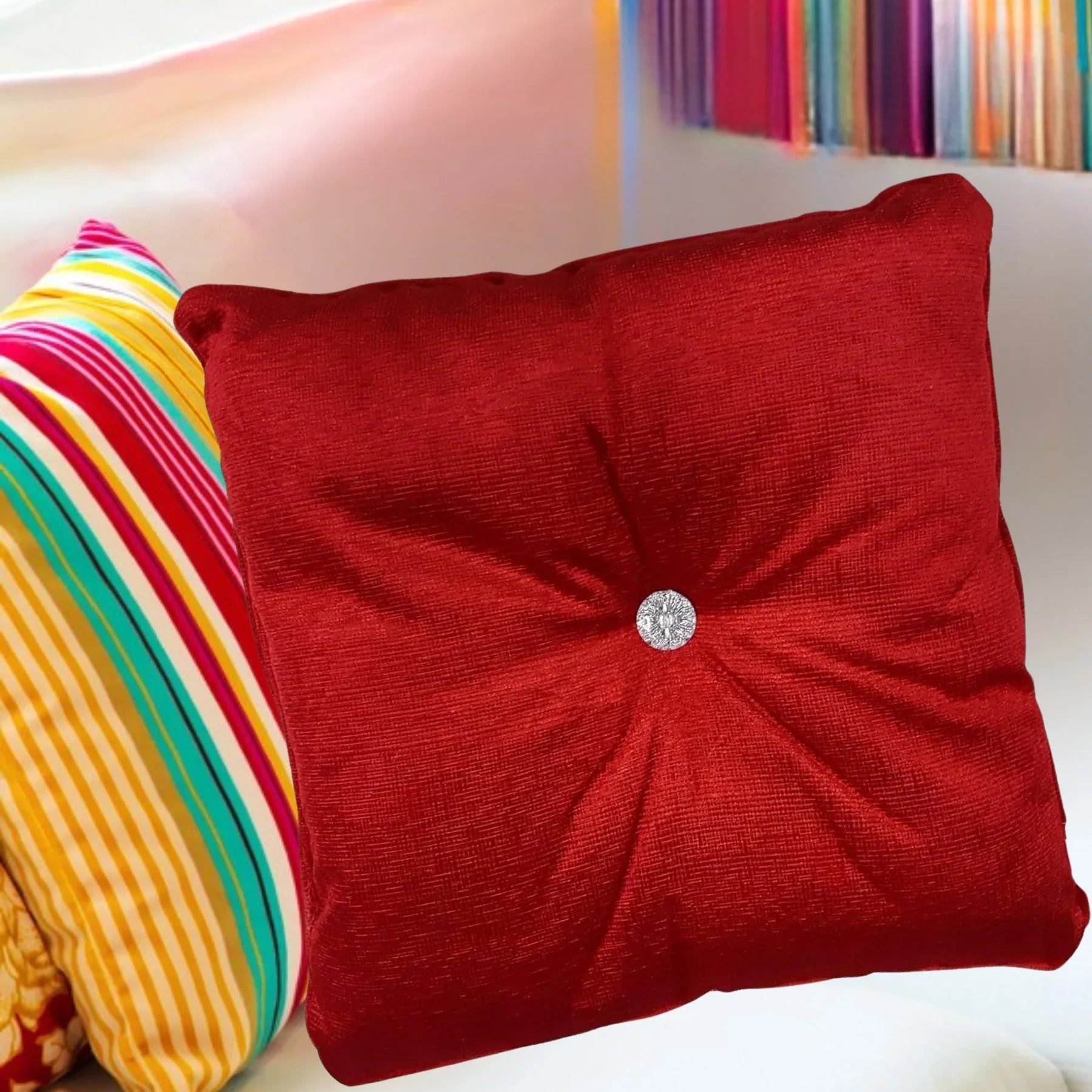 Luxury Panache Havana Square Filled Cushion with Diamante Button 17 inch (RED) Viral Teddy Hugs Diamante Cushion – Plush Comfort with a Glam Finish - 43 cm x 43 cm / 17 inch x 17 inch - 4A's Global