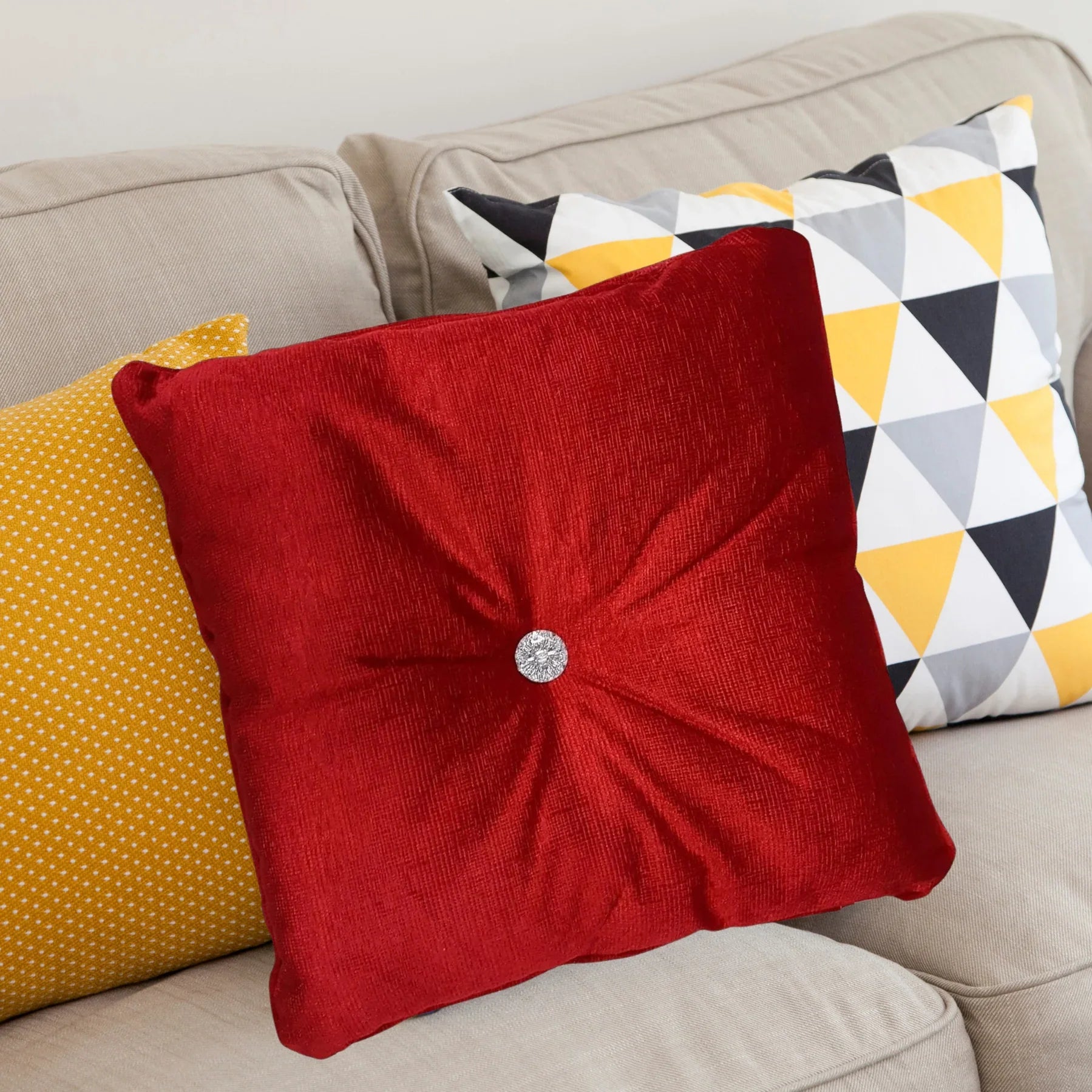 Luxury Panache Havana Square Filled Cushion with Diamante Button 17 inch (RED) Viral Teddy Hugs Diamante Cushion – Plush Comfort with a Glam Finish - 43 cm x 43 cm / 17 inch x 17 inch - 4A's Global