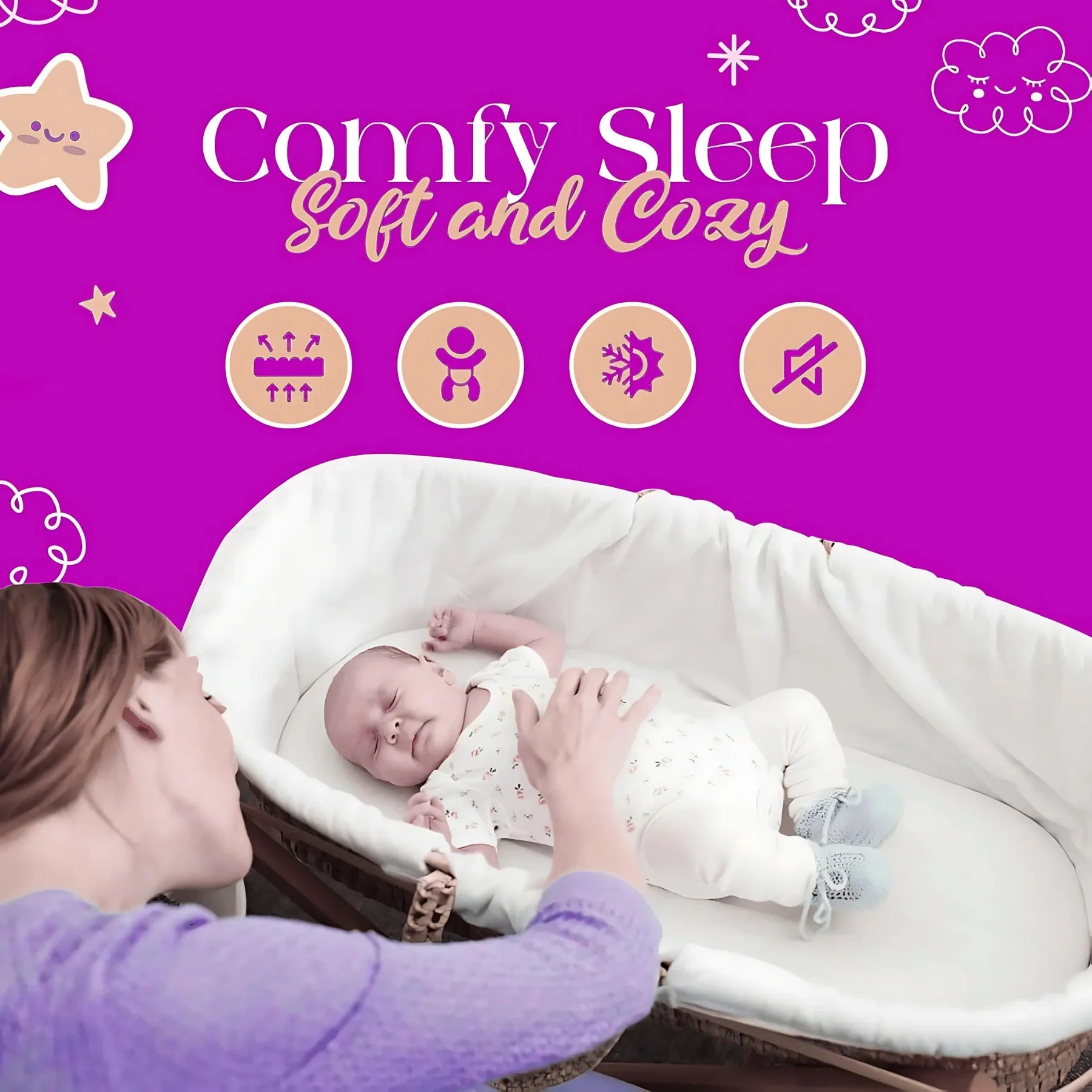 Moses Basket, Cradle, Bassinet & Crib Mattress Protector – Terry Towel, Waterproof, Breathable & Noise-Free Elasticated , Breathable Soft Cozy (75x37+15cm) - 4A's Global