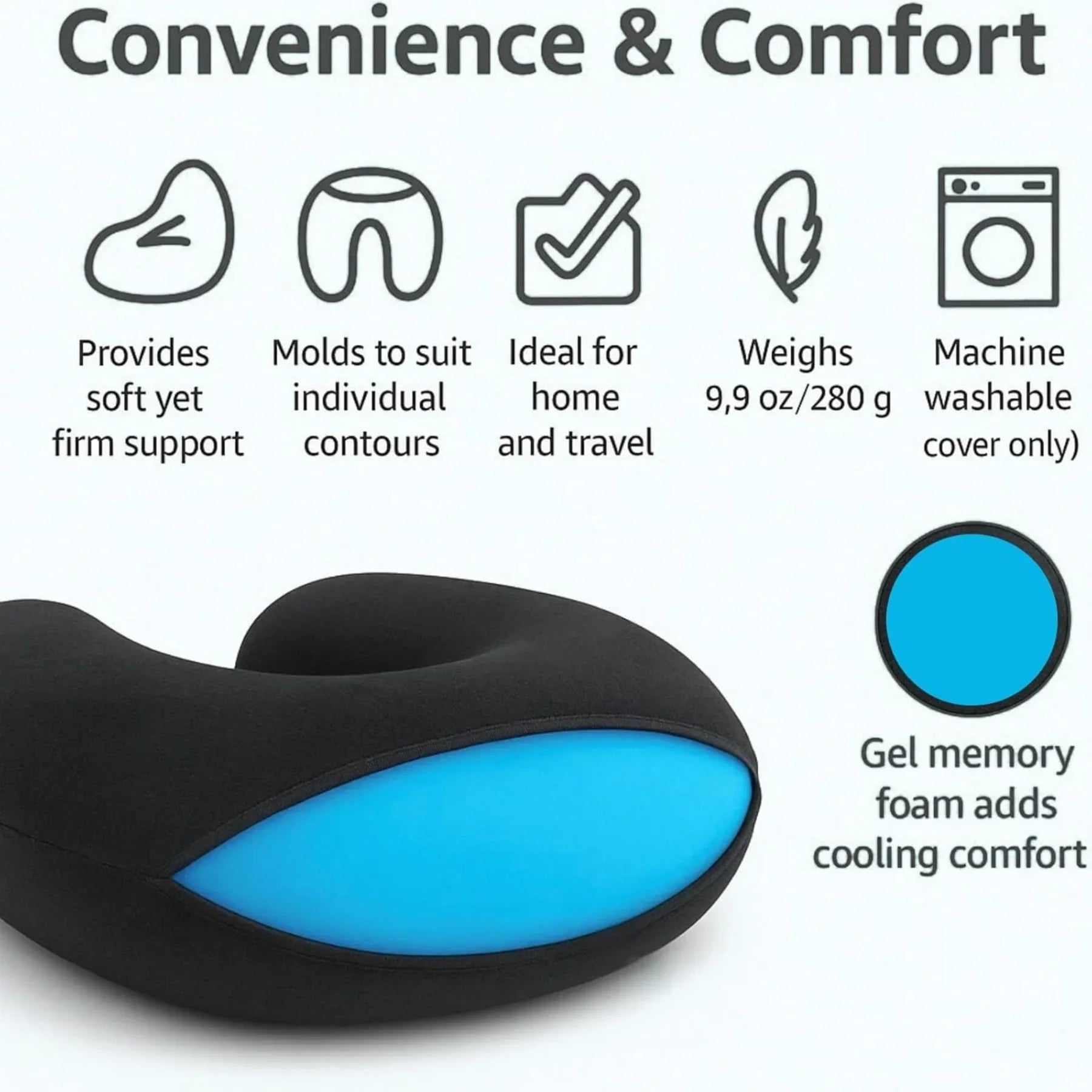 Cooling Memory Foam Travel Pillow – Lightweight, Compact & Portable | 30x30x9 cm / 11.8x11.8x3.5 in | Black - 4A's Global