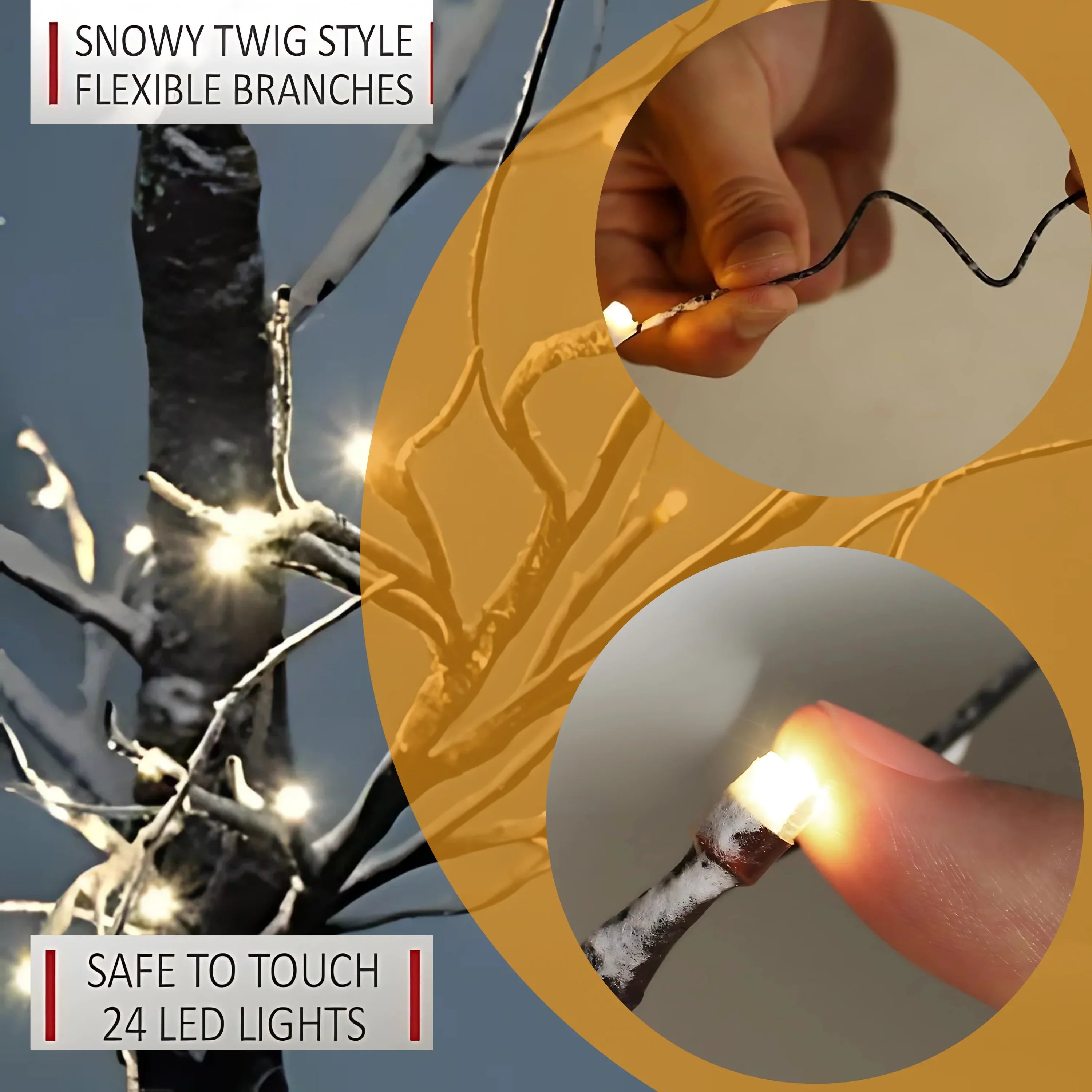 5ft, 6ft Decor Outdoor LED Christmas Tree Warm white LED lights, snowy twig design,Indoor Outdoor flexible branches for shaping and styling Battery Operated - 4A's Global