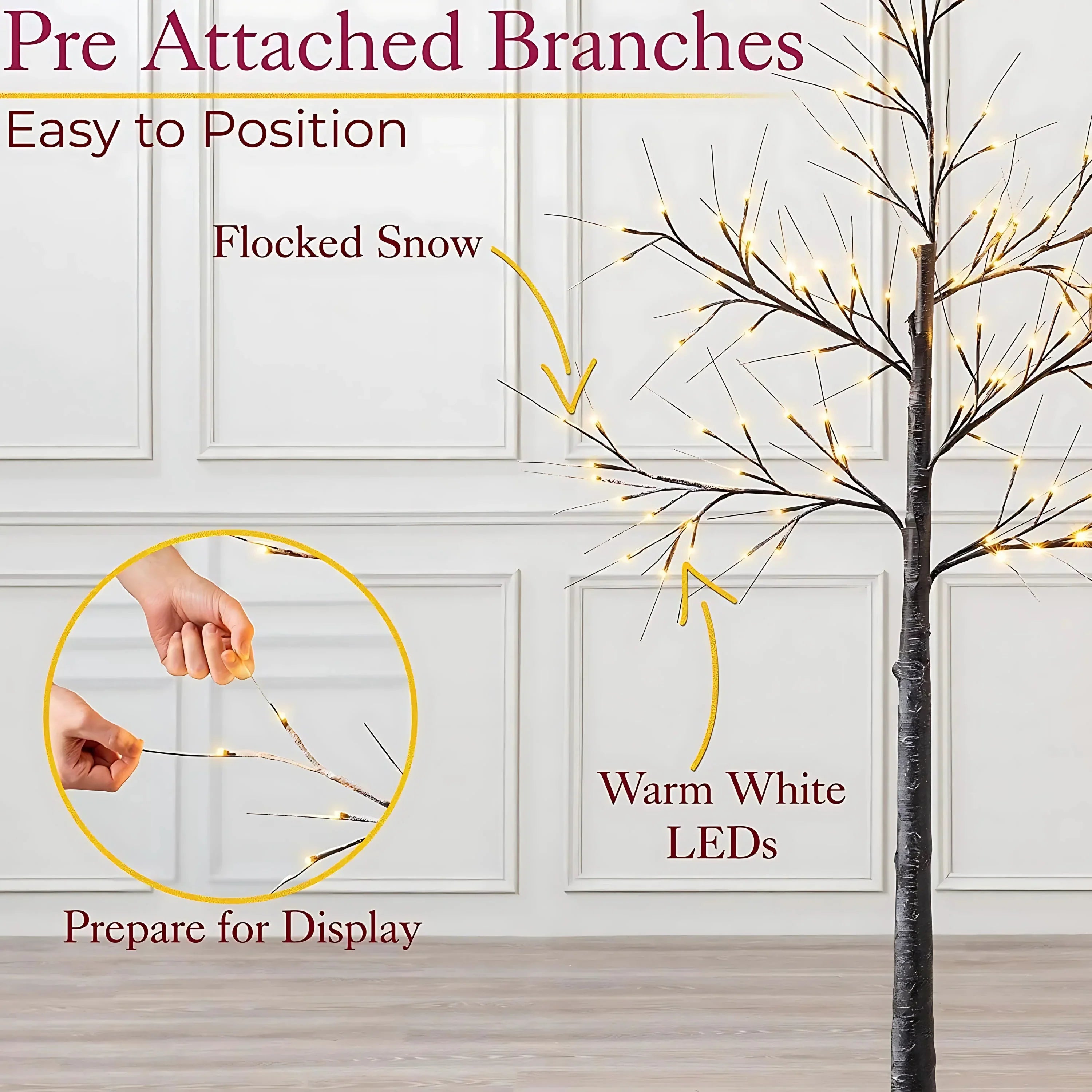 5ft, 6ft Decor Outdoor LED Christmas Tree Warm white LED lights, snowy twig design,Indoor Outdoor flexible branches for shaping and styling Battery Operated - 4A's Global