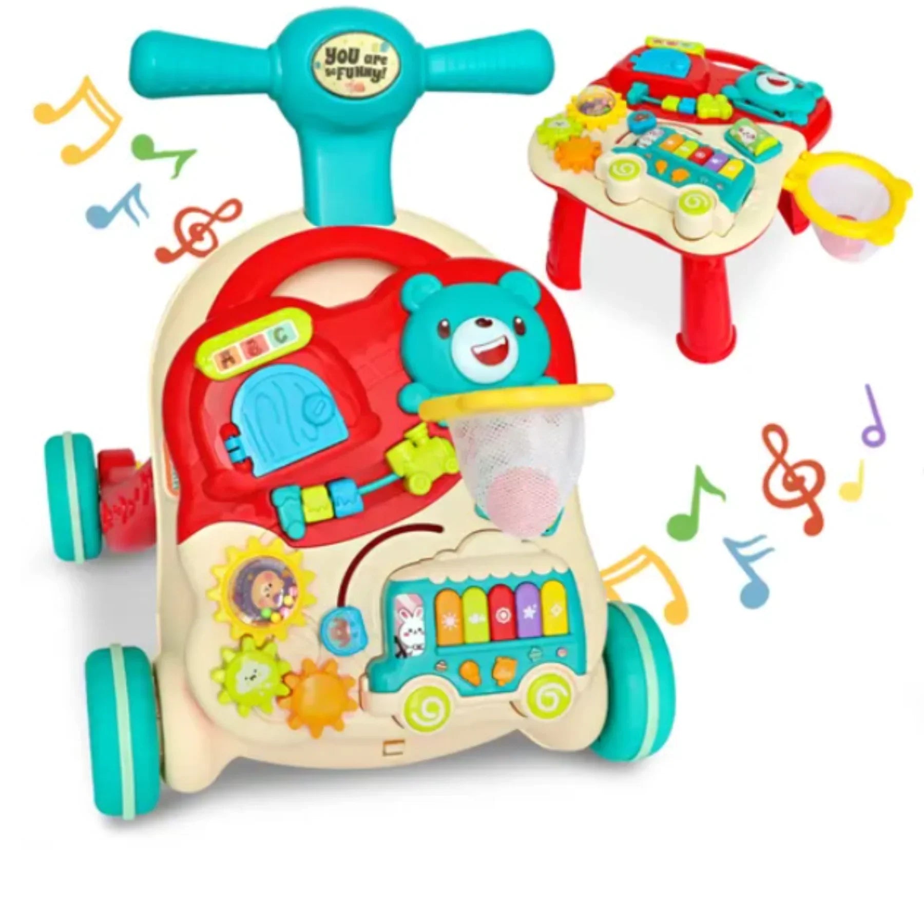 2-in-1 Baby Walker & Activity Table Baby Walker & Activity Center – Musical Push Toy with Basketball Hoop, Piano Keys & Building Blocks (12–36 Months) - 4A's Global