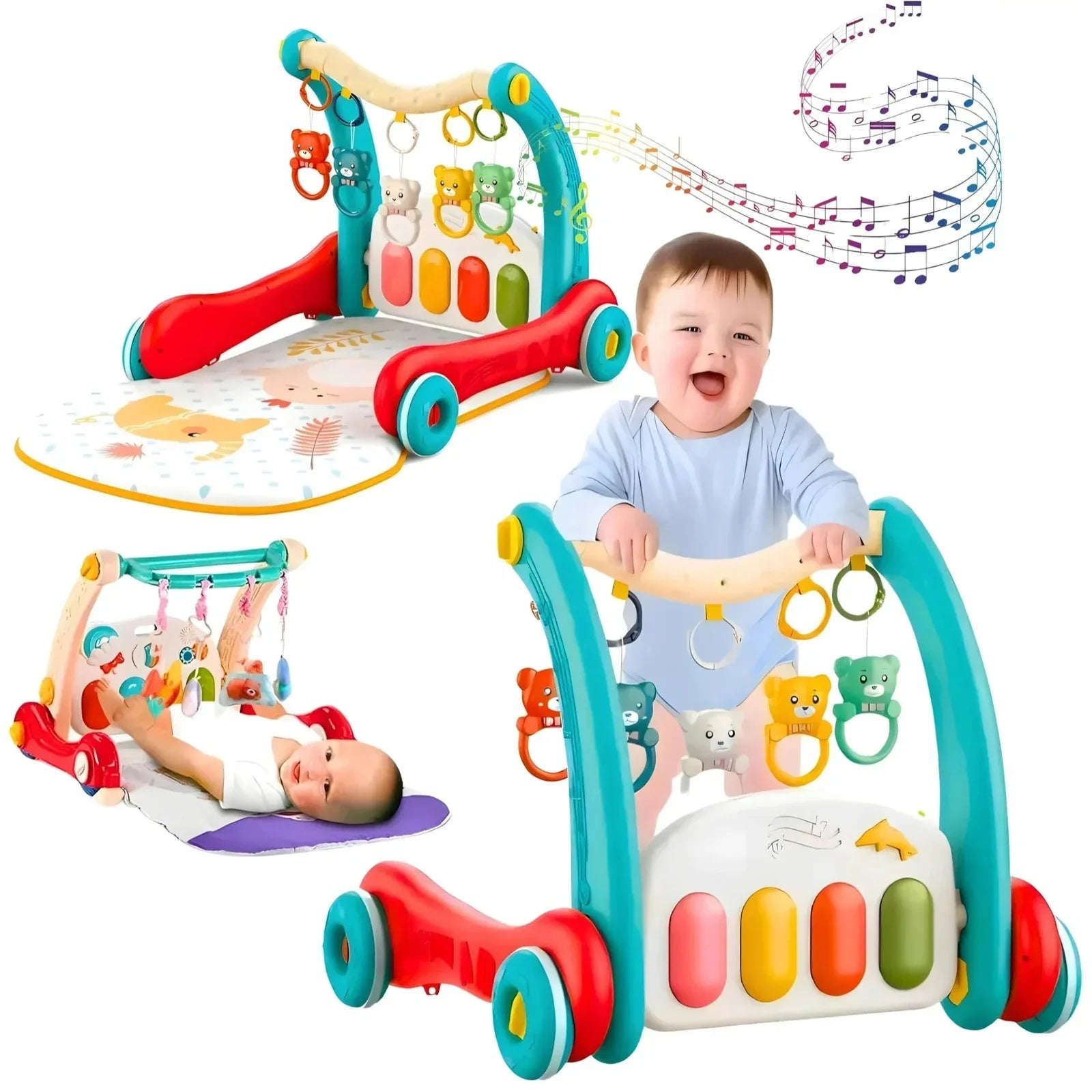 2-in-1 Sit-to-Stand Baby Walker & Play Gym | Musical Pedal Piano, Activity Toys, Play Mat & Learning Fun for Toddlers - 4A's Global