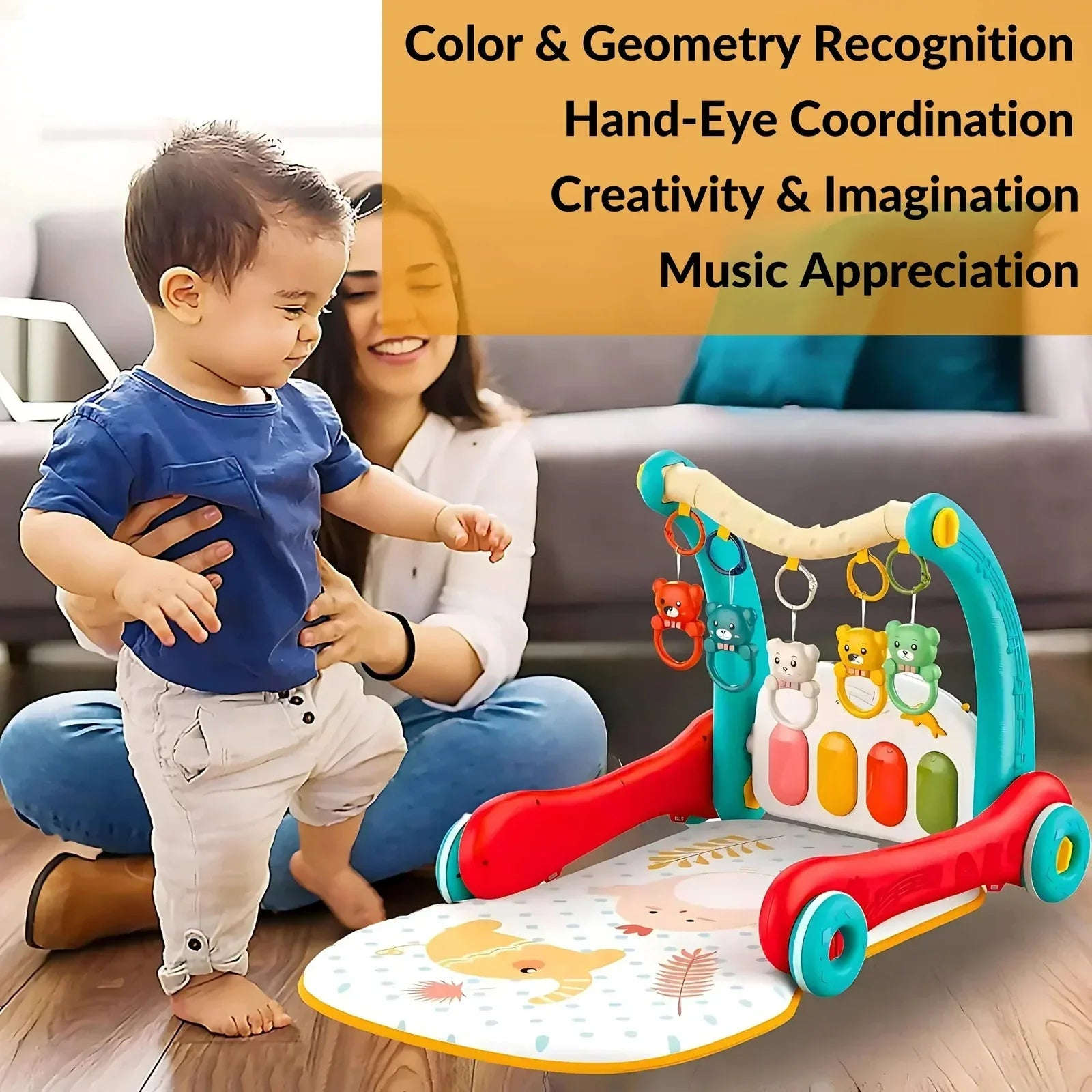 2-in-1 Sit-to-Stand Baby Walker & Play Gym | Musical Pedal Piano, Activity Toys, Play Mat & Learning Fun for Toddlers - 4A's Global