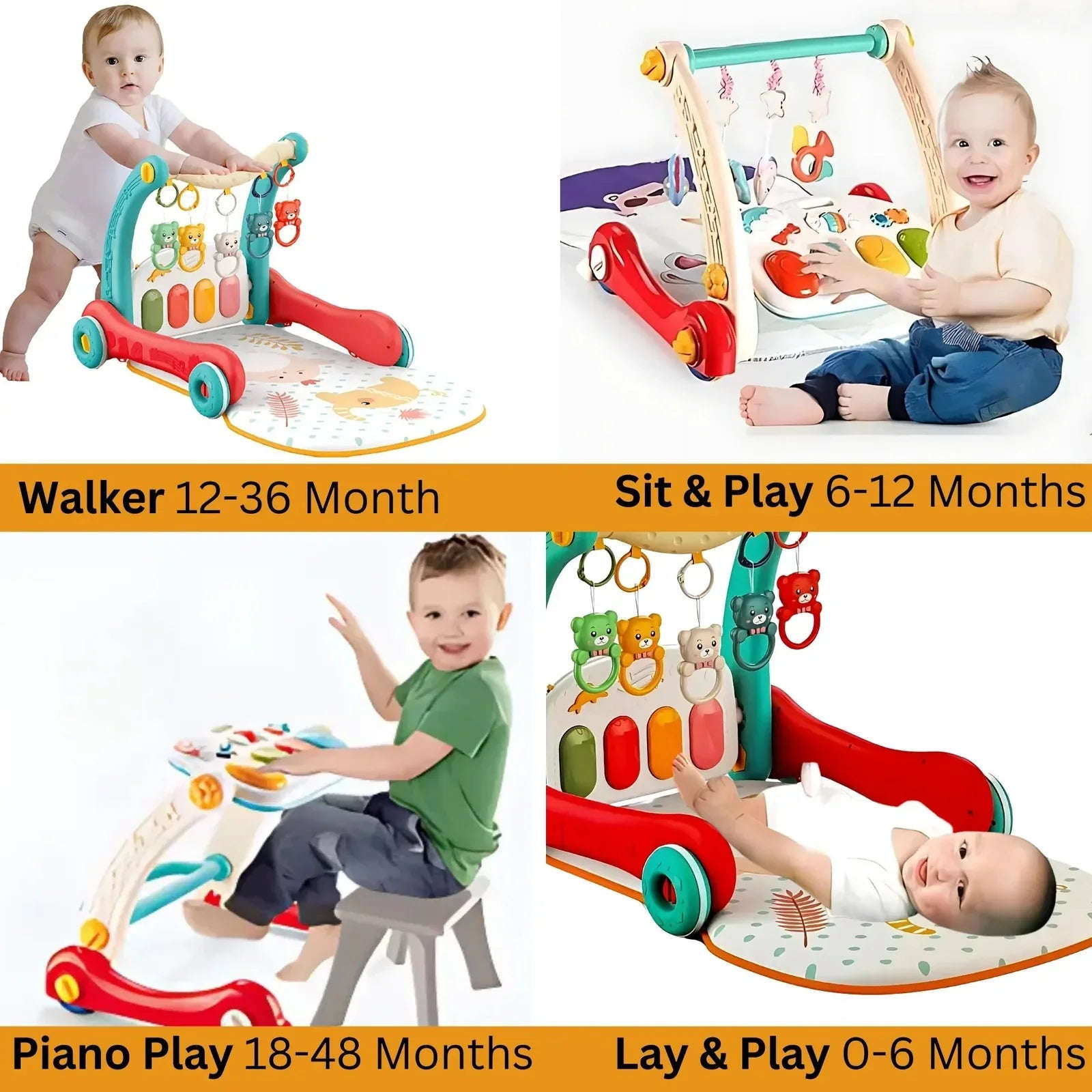 2-in-1 Sit-to-Stand Baby Walker & Play Gym | Musical Pedal Piano, Activity Toys, Play Mat & Learning Fun for Toddlers - 4A's Global